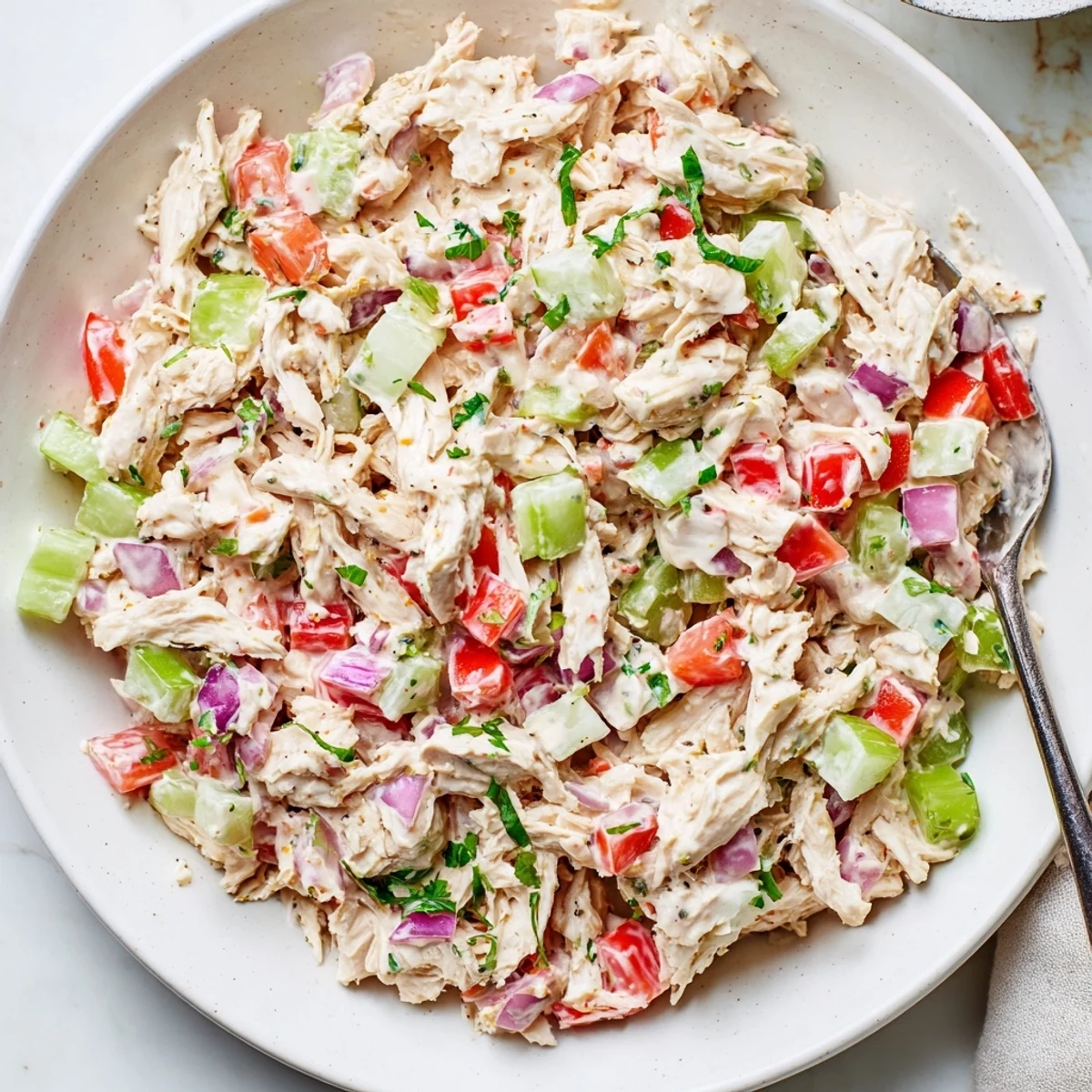 Creamy High Protein Pepperoncini Chicken Salad tossed in briny yogurt-Dijon dressing