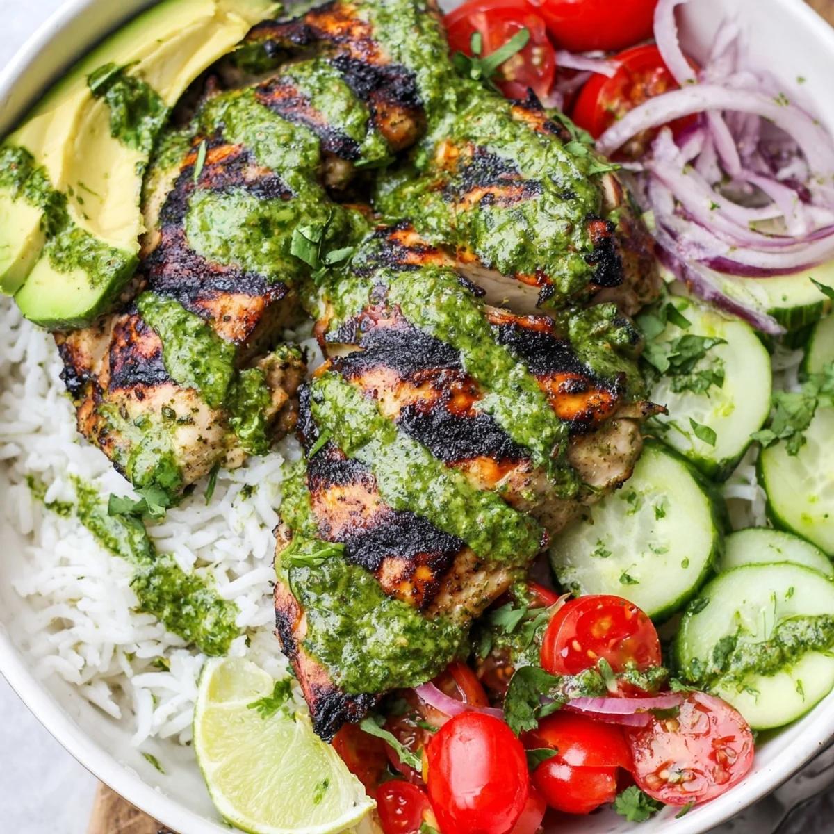 Chimichurri Grilled Chicken Bowl With Garlic Sauce, juicy charred chicken and herbs