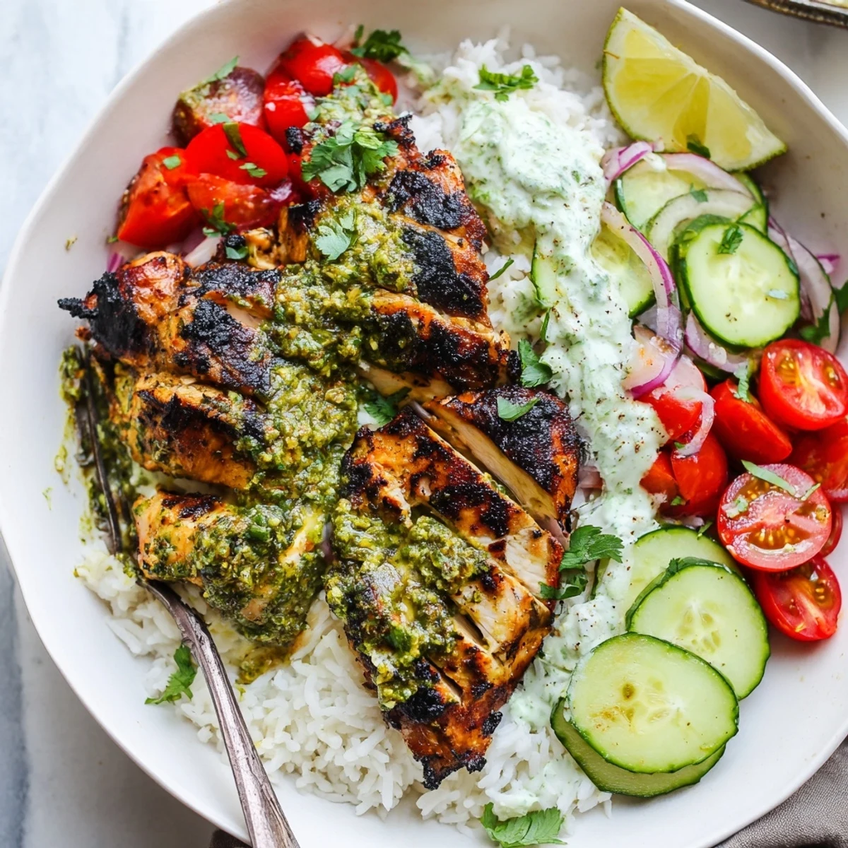 Bright Chimichurri Grilled Chicken Bowl With Garlic Sauce topped with cilantro