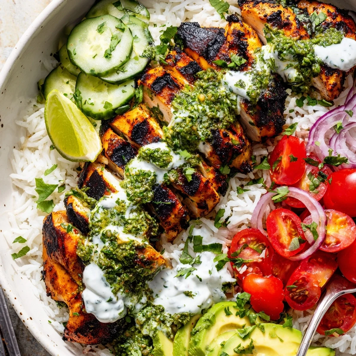 Smoky Chimichurri Grilled Chicken Bowl With Garlic Sauce served over fluffy rice