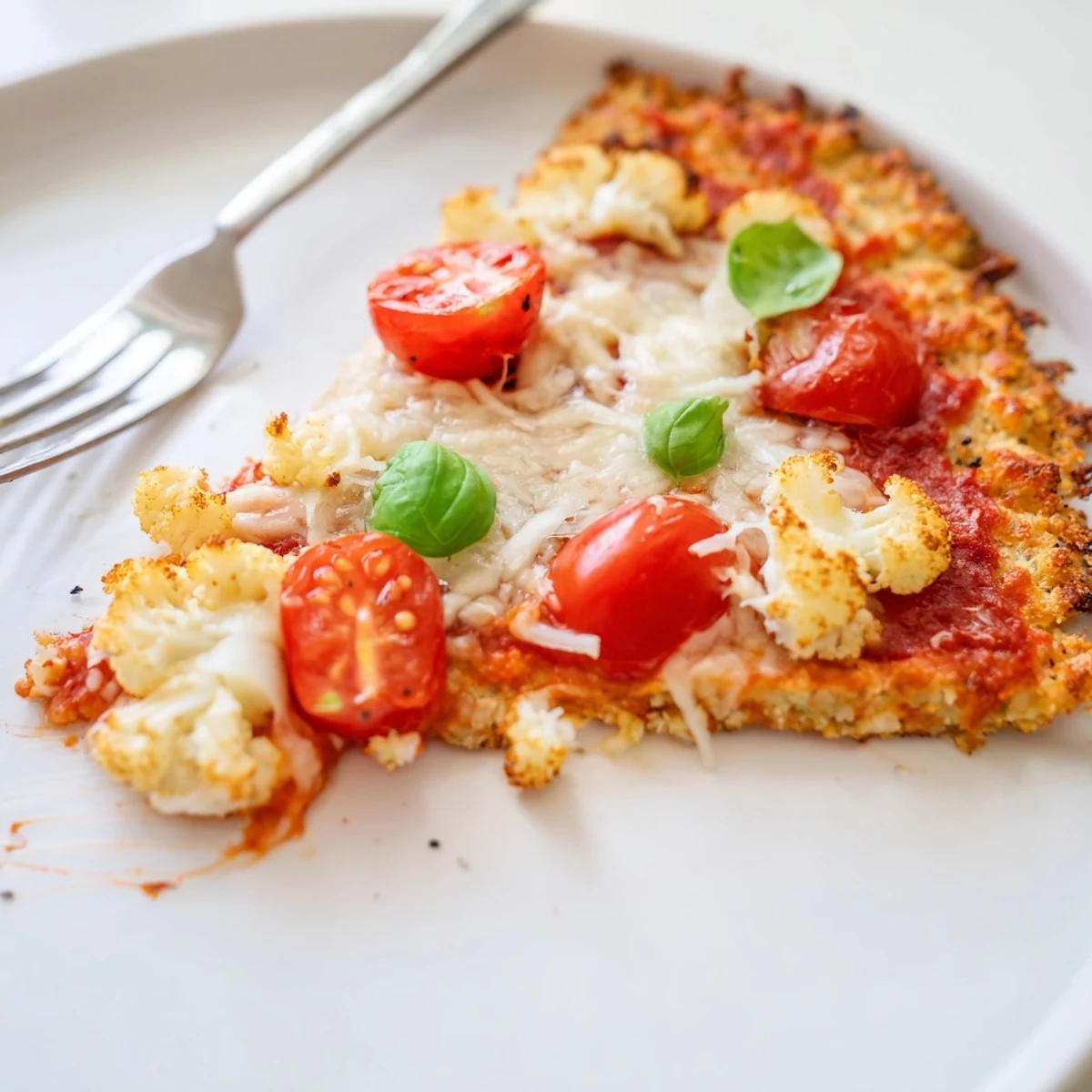 Slices of Stone Baked Cheesy Cauliflower Keto Pizza steaming on serving board