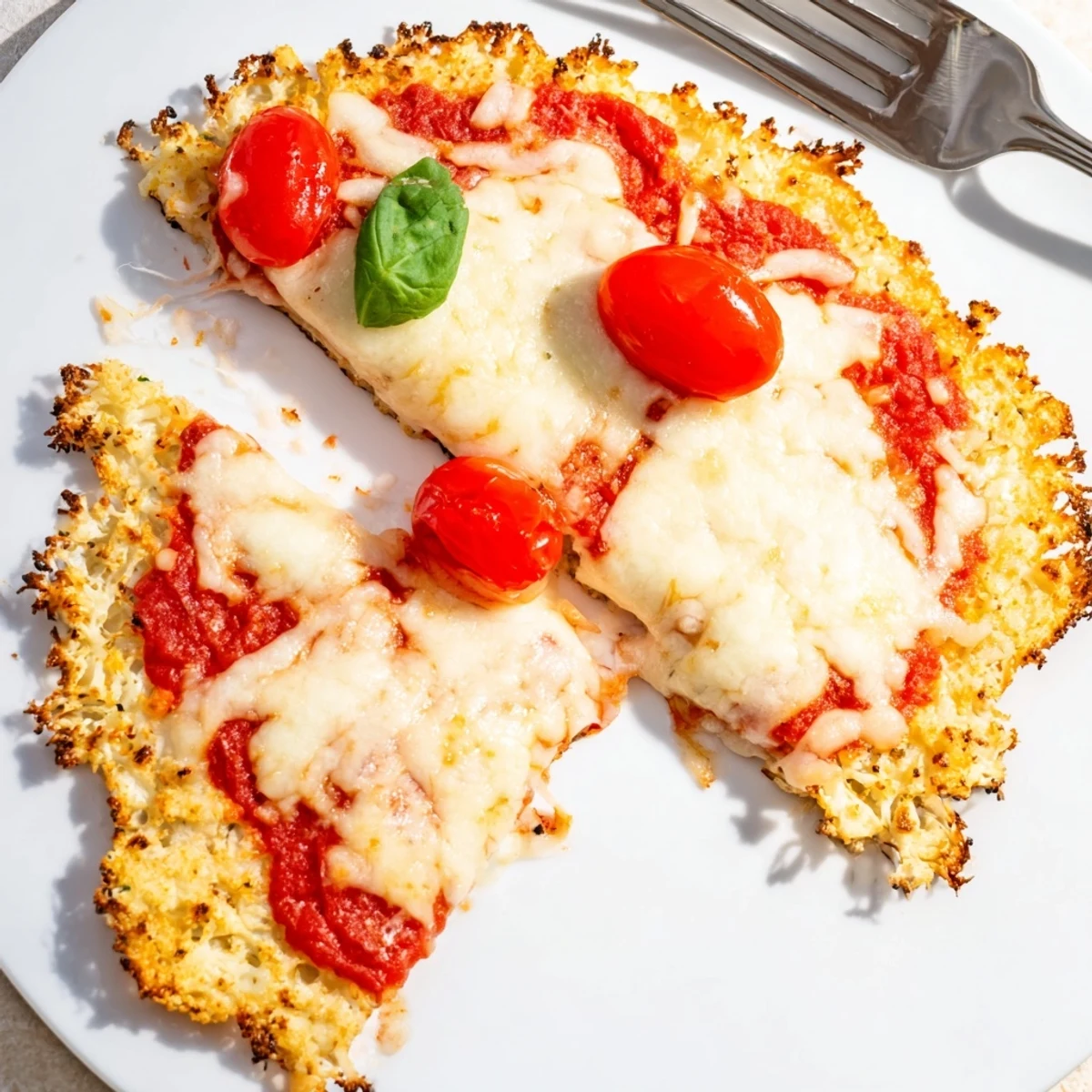 Stone Baked Cheesy Cauliflower Keto Pizza crisp cauliflower crust, gooey mozzarella, ready to serve