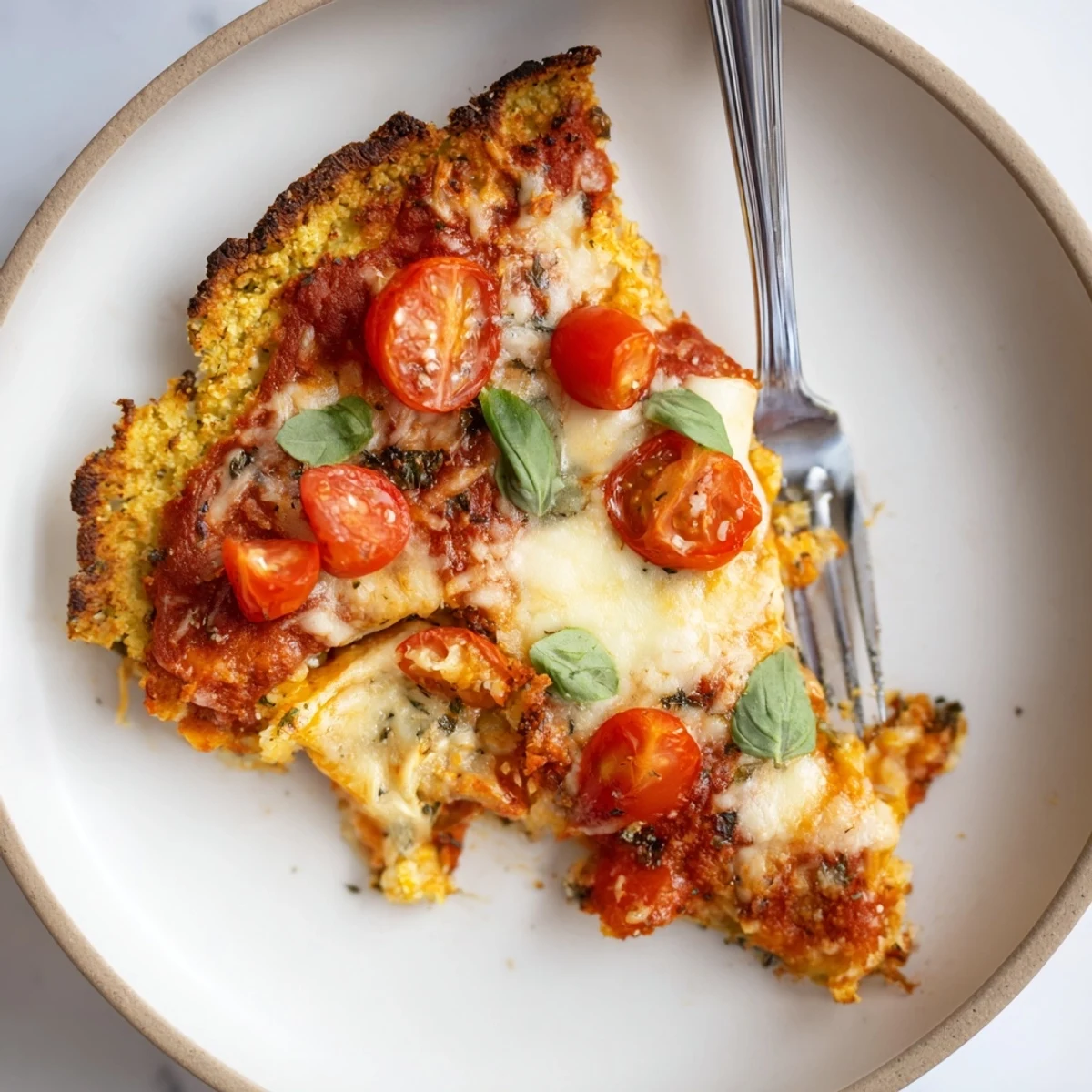 Stone Baked Cheesy Cauliflower Keto Pizza bubbling with golden cheese and basil
