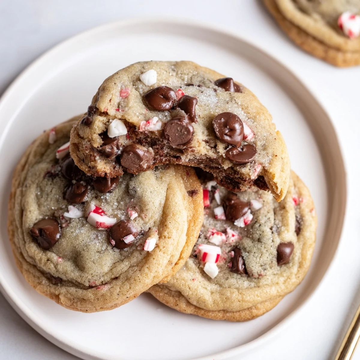 Peppermint Chocolate Chip Cookies stacked warm on a cooling rack, minty aroma.