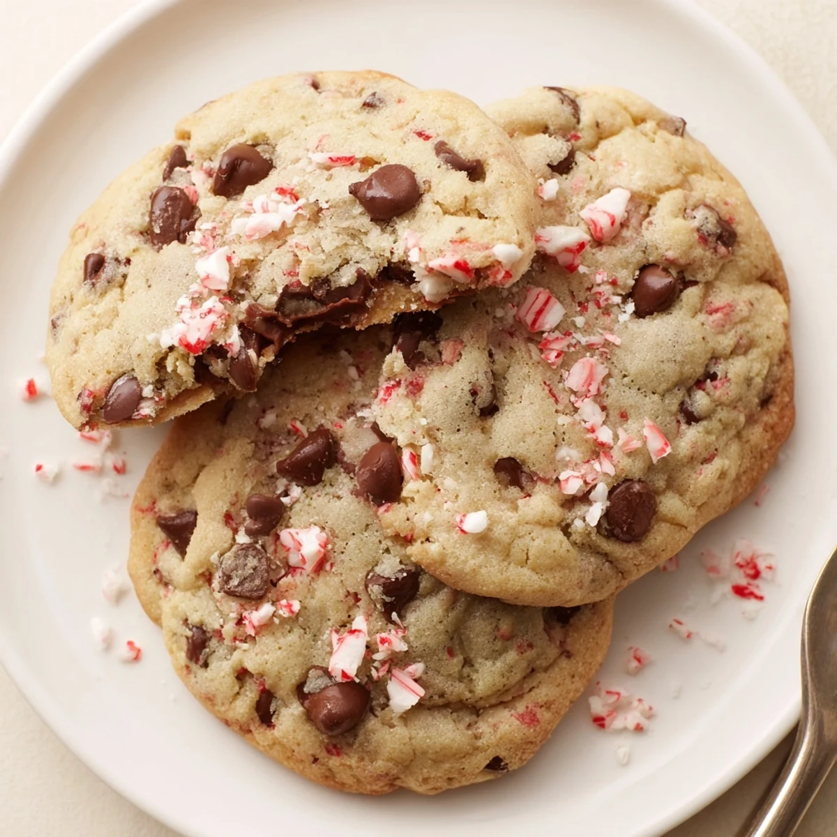 A plate of Peppermint Chocolate Chip Cookies, gooey chocolate and crisp peppermint.