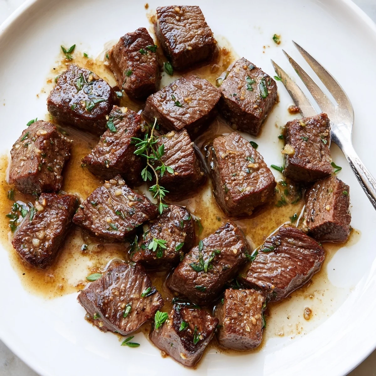 Garlic Butter Steak Bites sizzling in a cast iron pan, golden seared