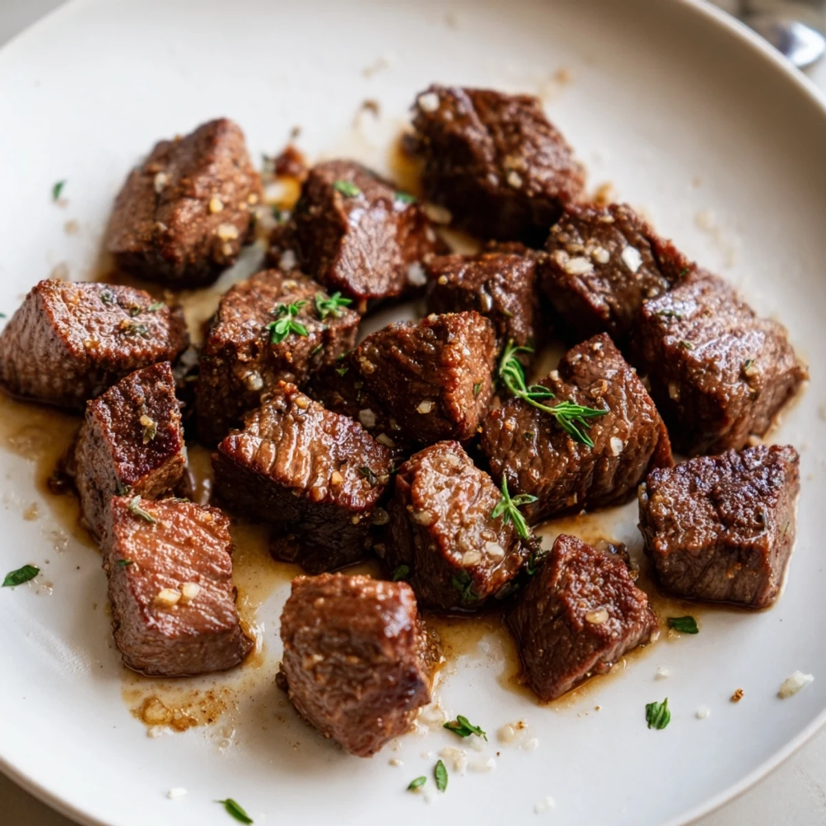 Juicy Garlic Butter Steak Bites, tender cubes with parsley and flaky sea salt