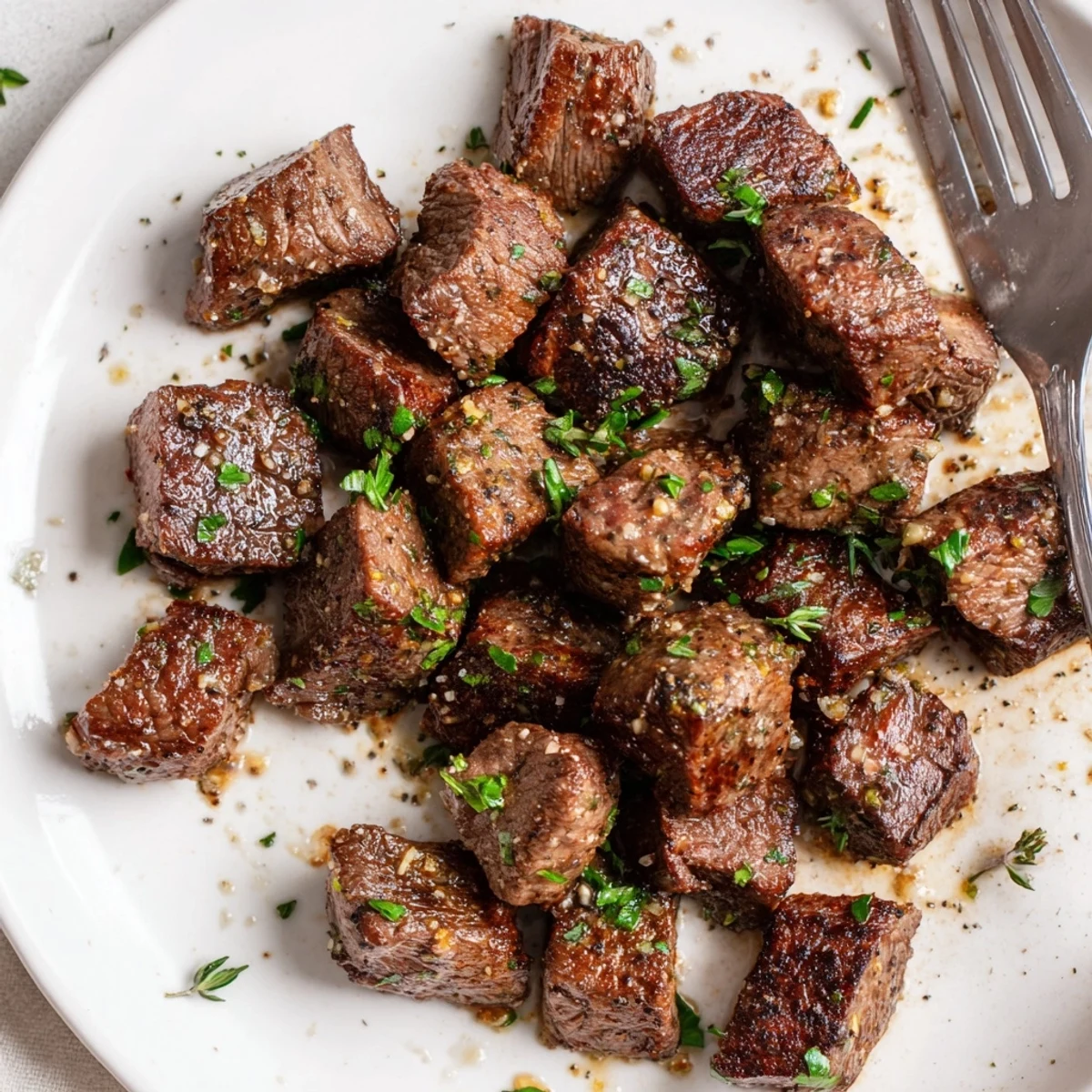 Warm Garlic Butter Steak Bites tossed in herb garlic butter, served over mashed potatoes
