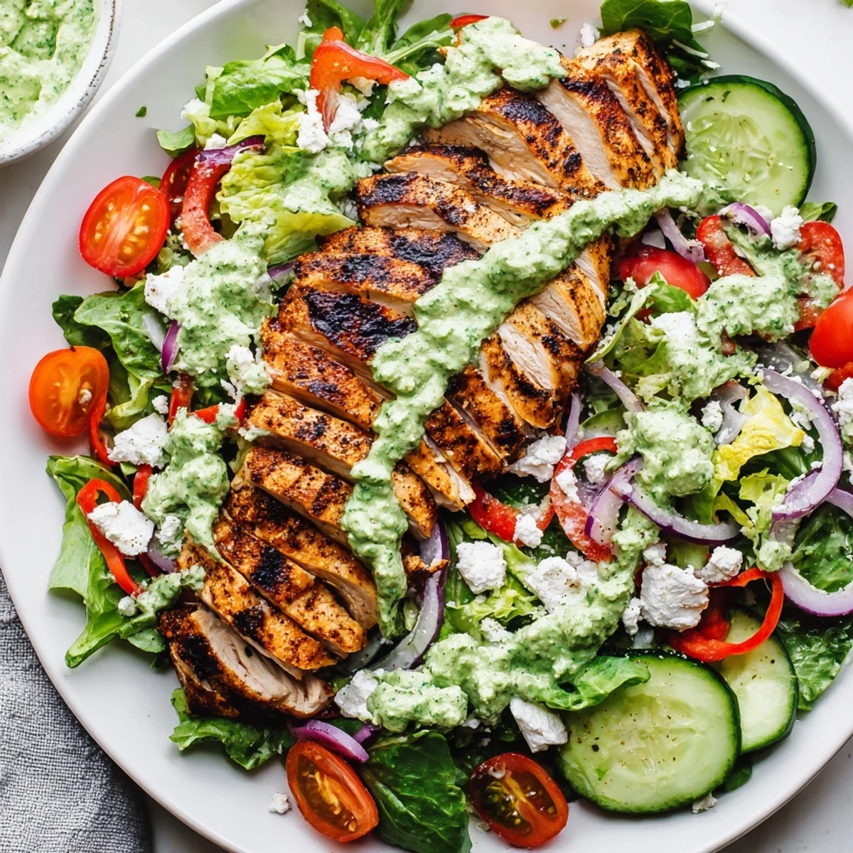 Grilled Chicken Salad topped with creamy avocado herb dressing and crisp vegetables