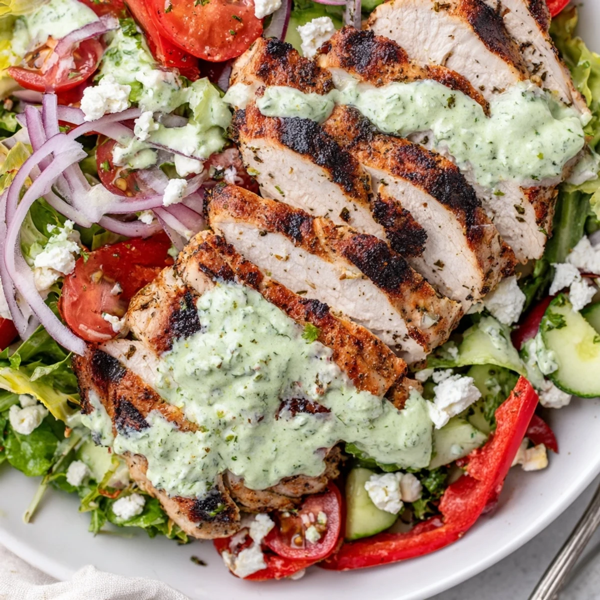 Smoky sliced chicken resting on Grilled Chicken Salad with zesty lime avocado herb dressing