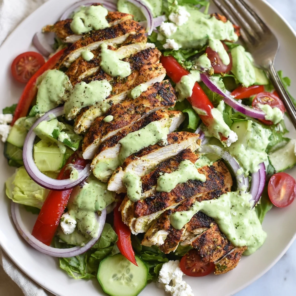 Bowl of Grilled Chicken Salad drizzled with avocado herb dressing, perfect light lunch