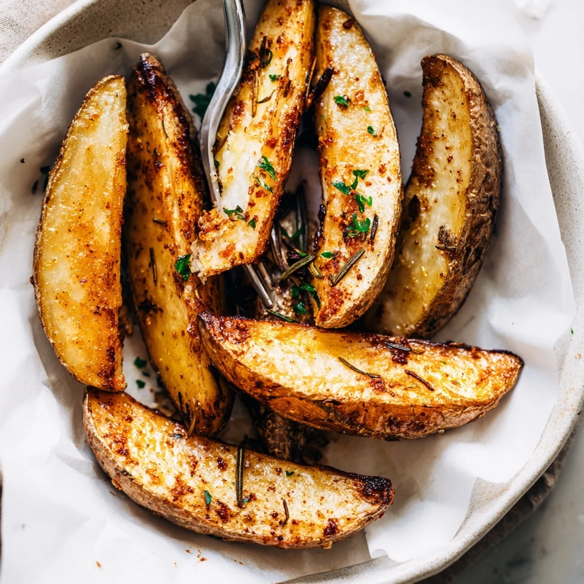 Golden oven-baked Potato Wedges, crispy edges and fluffy centers, served hot