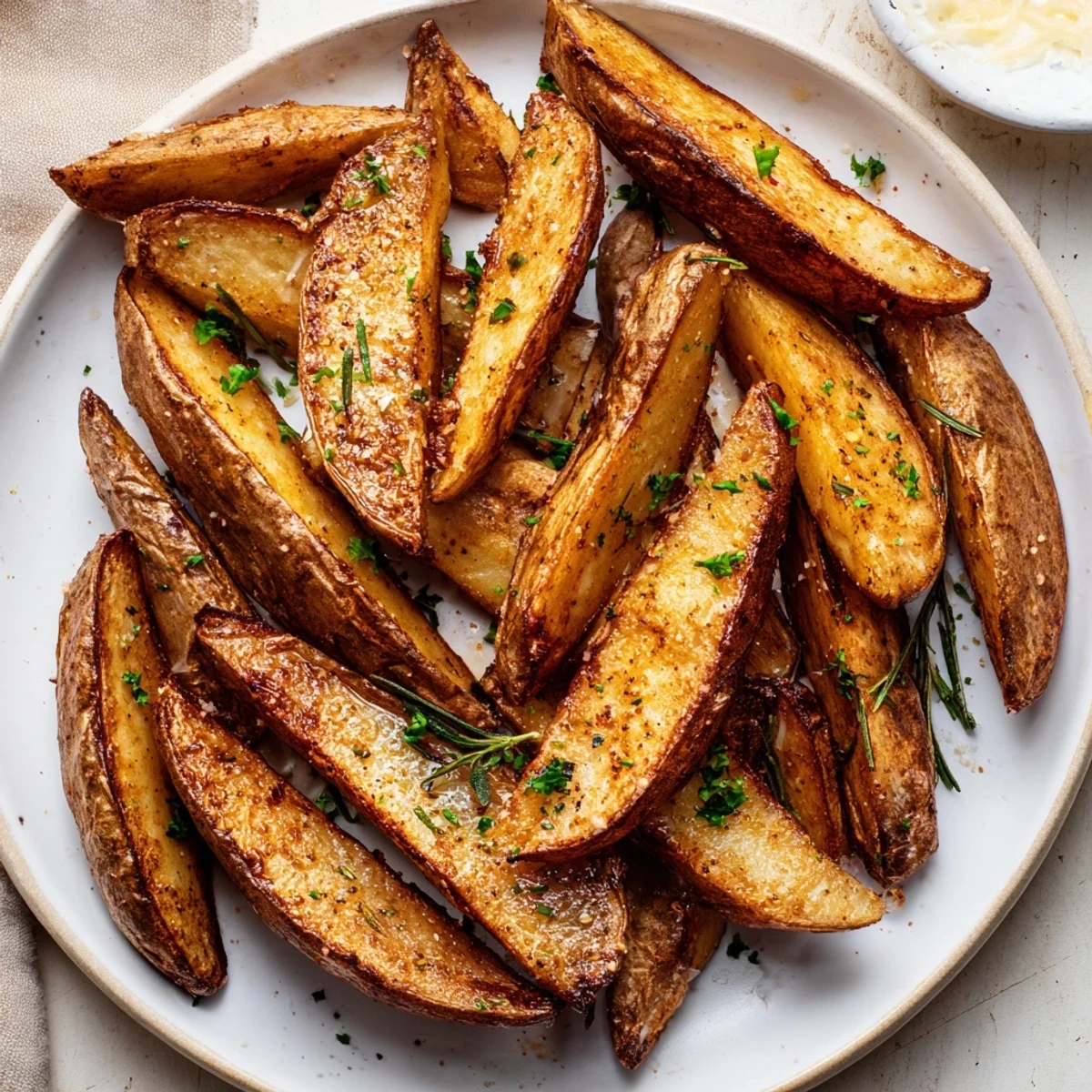 Rustic seasoned Potato Wedges on parchment, paprika aroma, ready for dipping