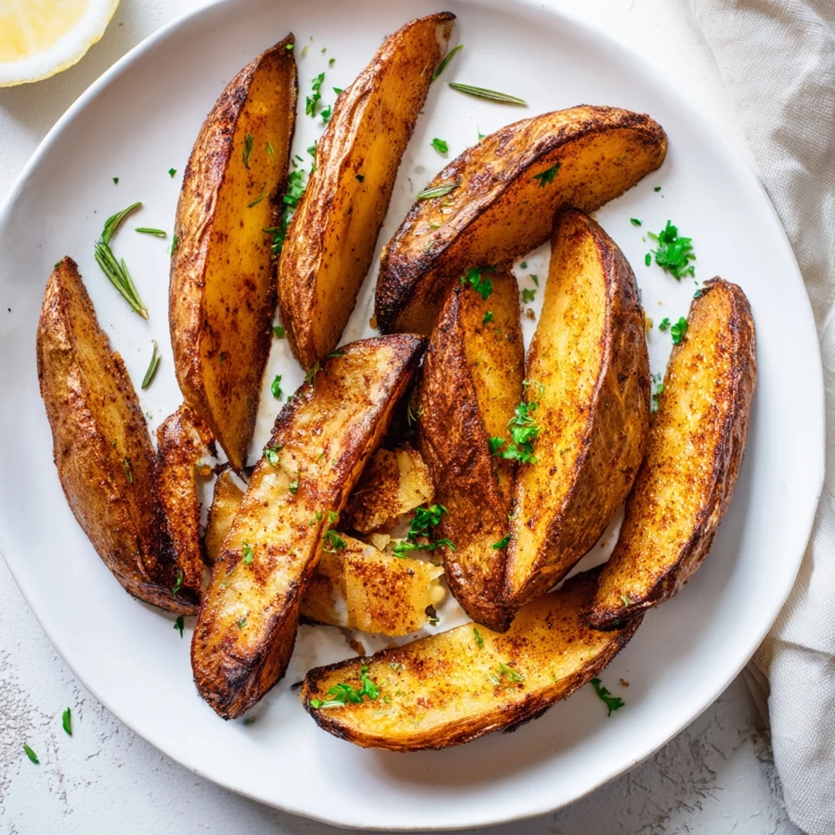 Crispy-skinned Potato Wedges tossed with rosemary and parsley, perfect with aioli