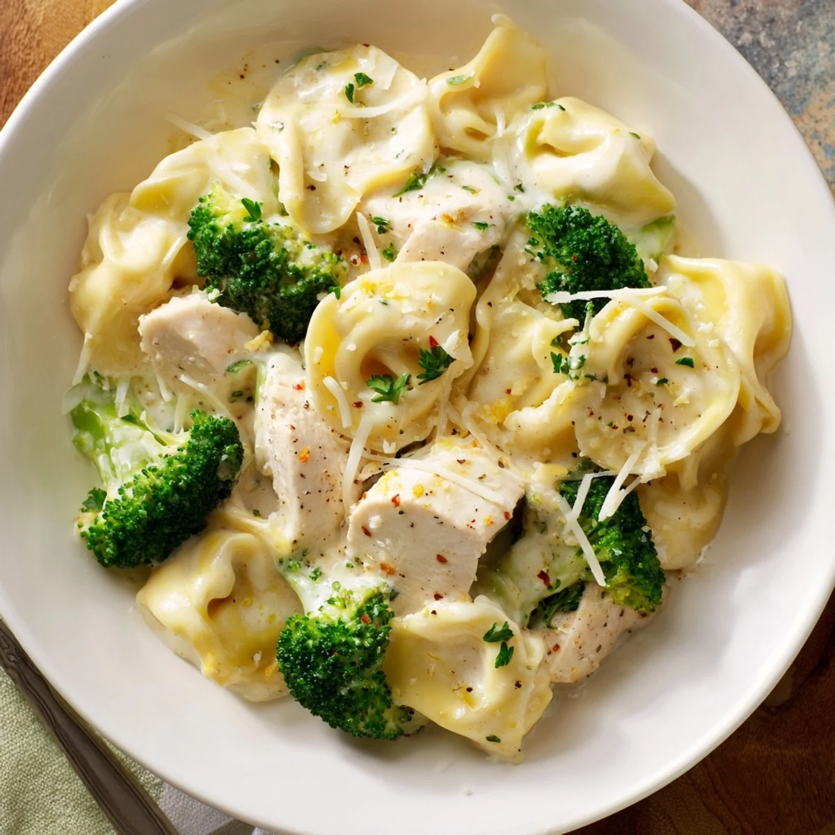 Sizzling skillet of Creamy Garlic Parmesan Tortellini Chicken Broccoli Recipe with golden chicken
