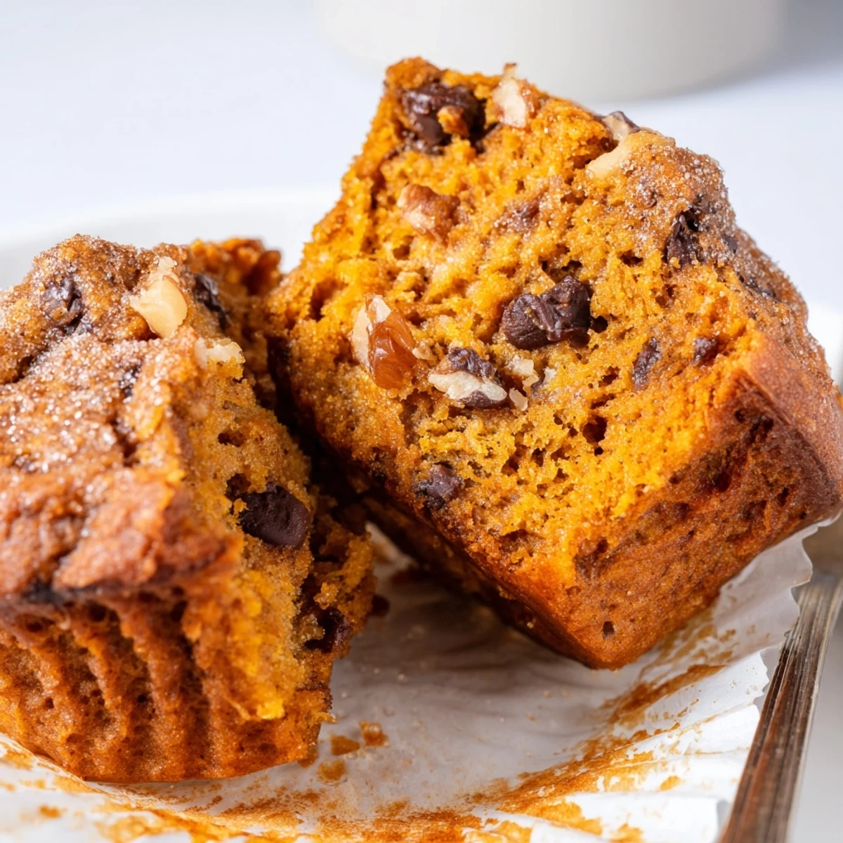 Warm Pumpkin Banana Muffins Recipe split open, moist crumb and cinnamon scent  