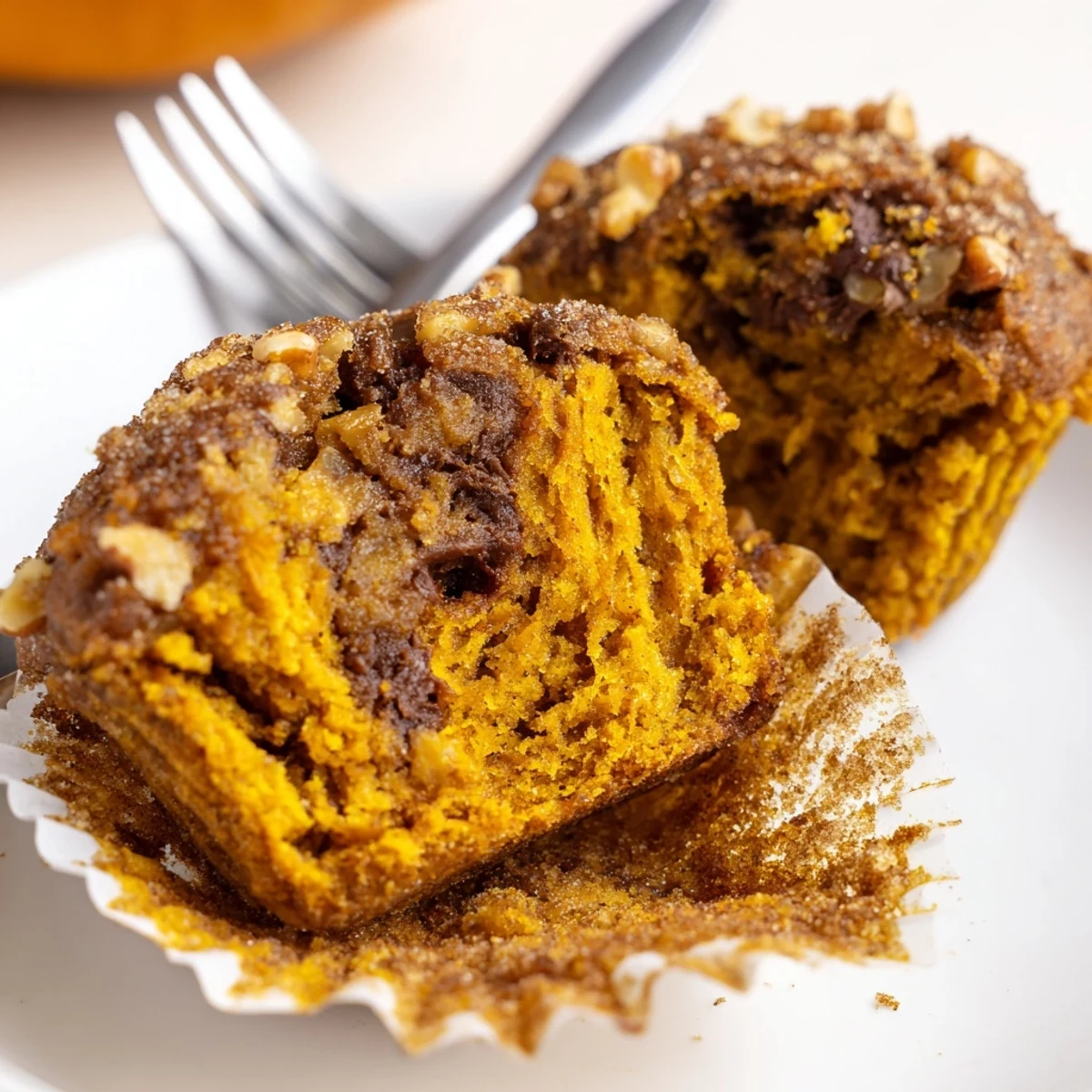 Freshly baked Pumpkin Banana Muffins Recipe, toasted pecans and melted chocolate chips
