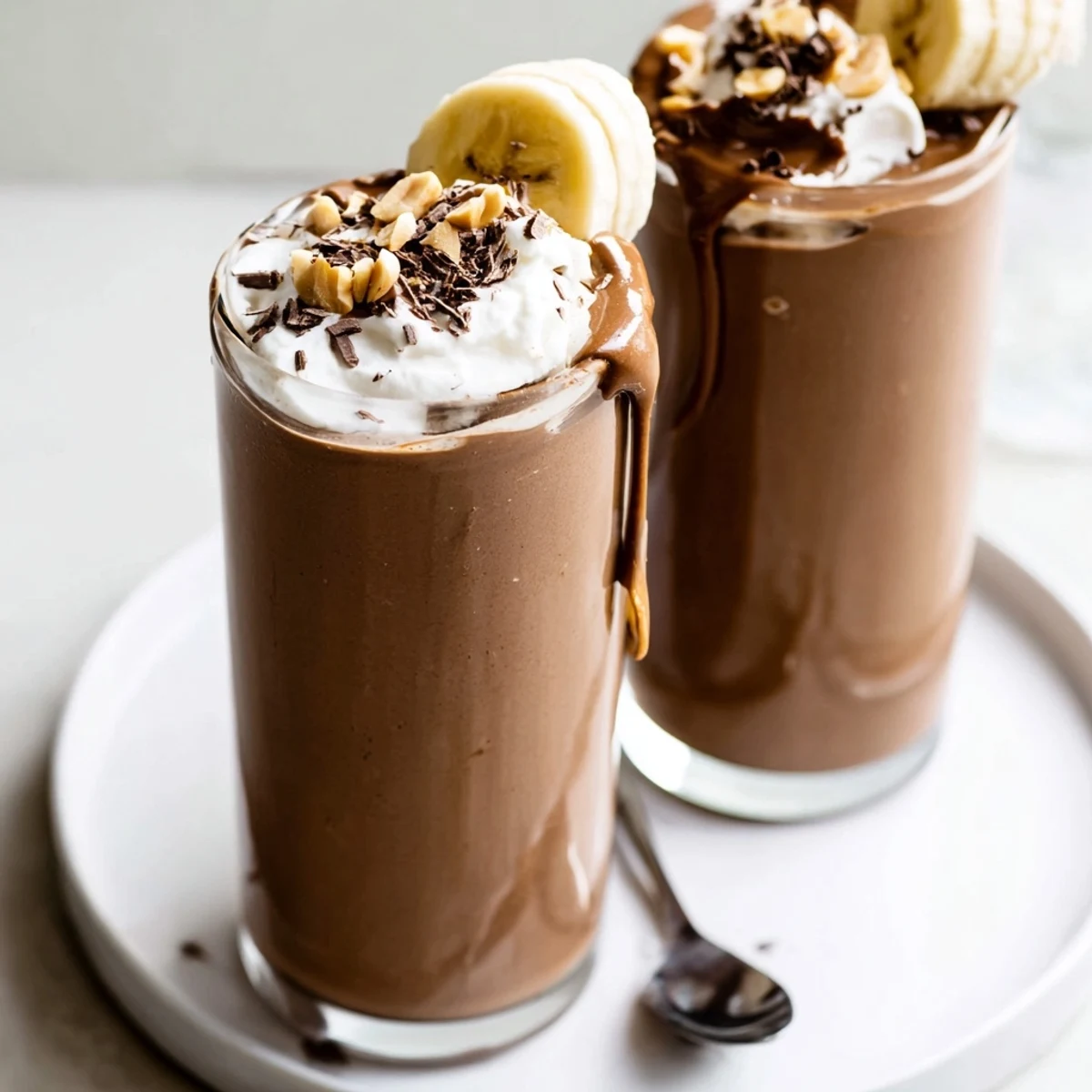 Thick Chocolate Peanut Butter Smoothie with whipped cream, crushed peanuts, breakfast-ready