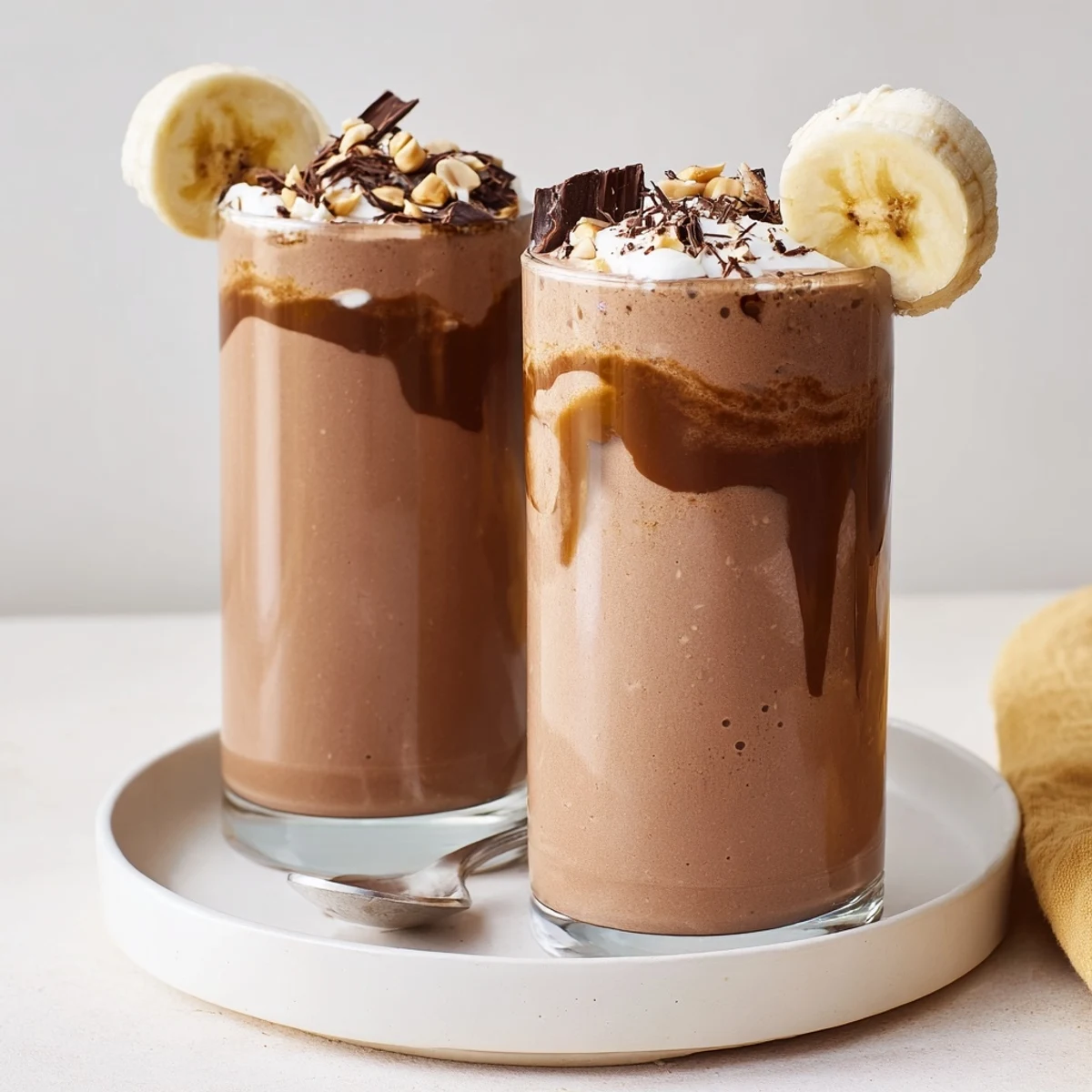 Chocolate Peanut Butter Smoothie in chilled glass, creamy, topped with chocolate shavings
