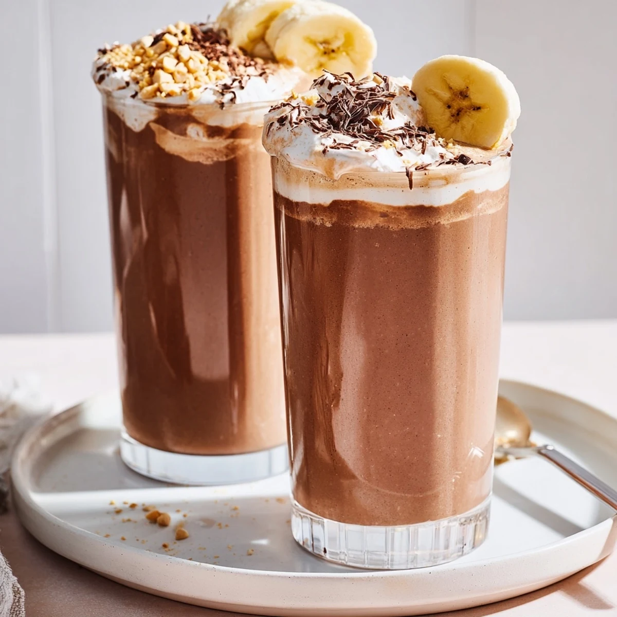 Velvety Chocolate Peanut Butter Smoothie poured from blender, cold and nutty