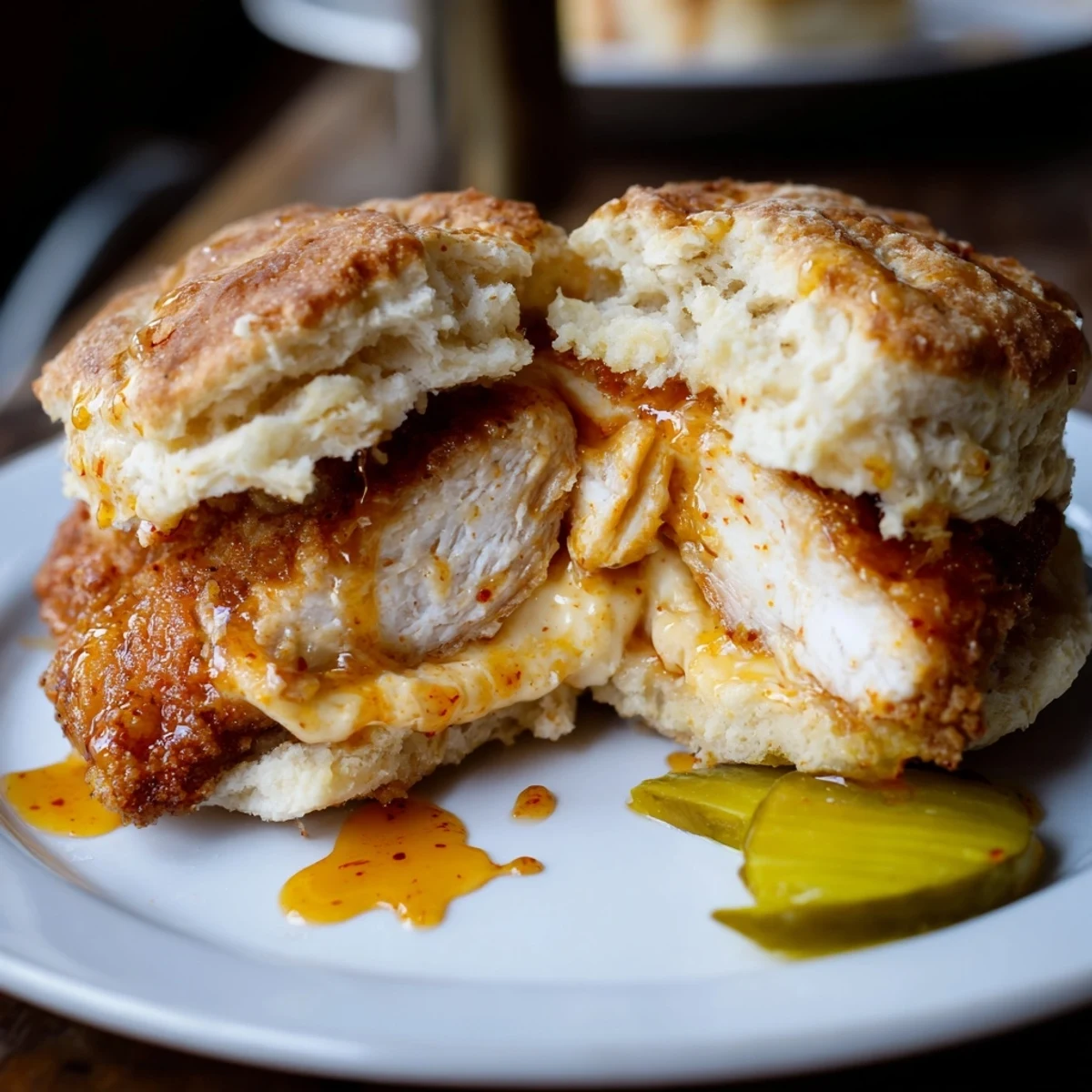 Crispy Hot Honey Chicken Biscuits drizzled with sticky spicy honey, served warm