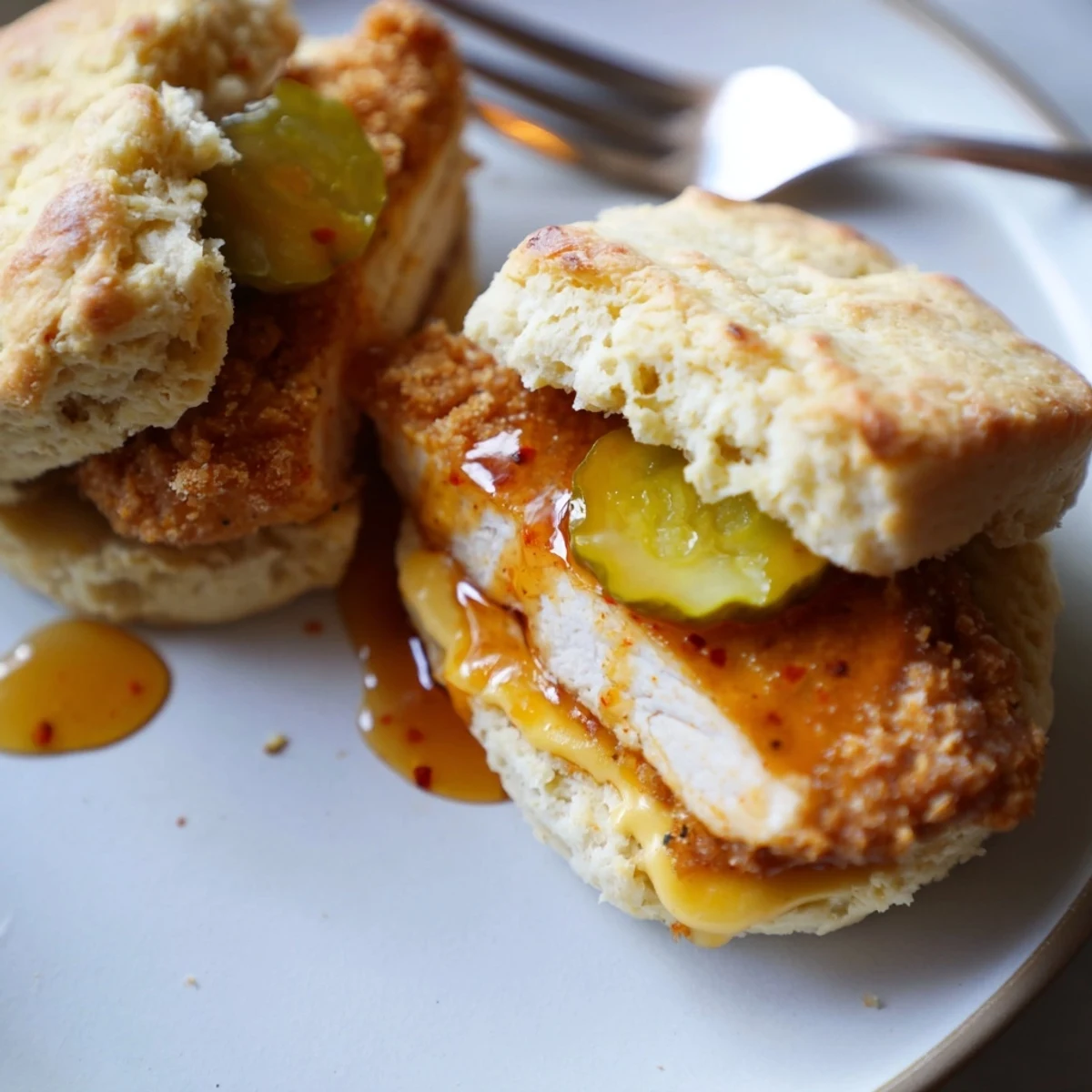 Golden Hot Honey Chicken Biscuits topped with melted butter, tangy pickle slices