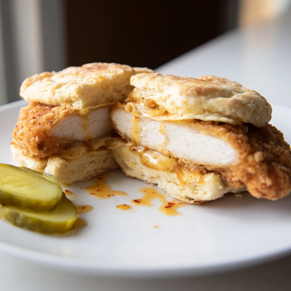 Buttery Hot Honey Chicken Biscuits split open revealing juicy fried chicken inside