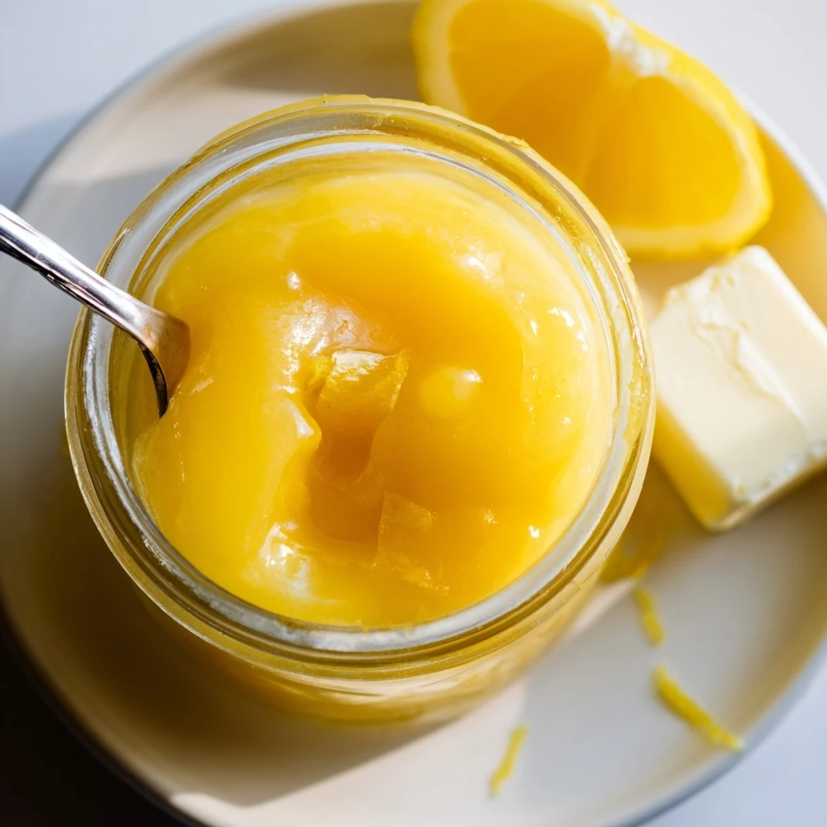 Lemon Curd Recipe: glossy yellow spread, zesty aroma spooned over warm scones