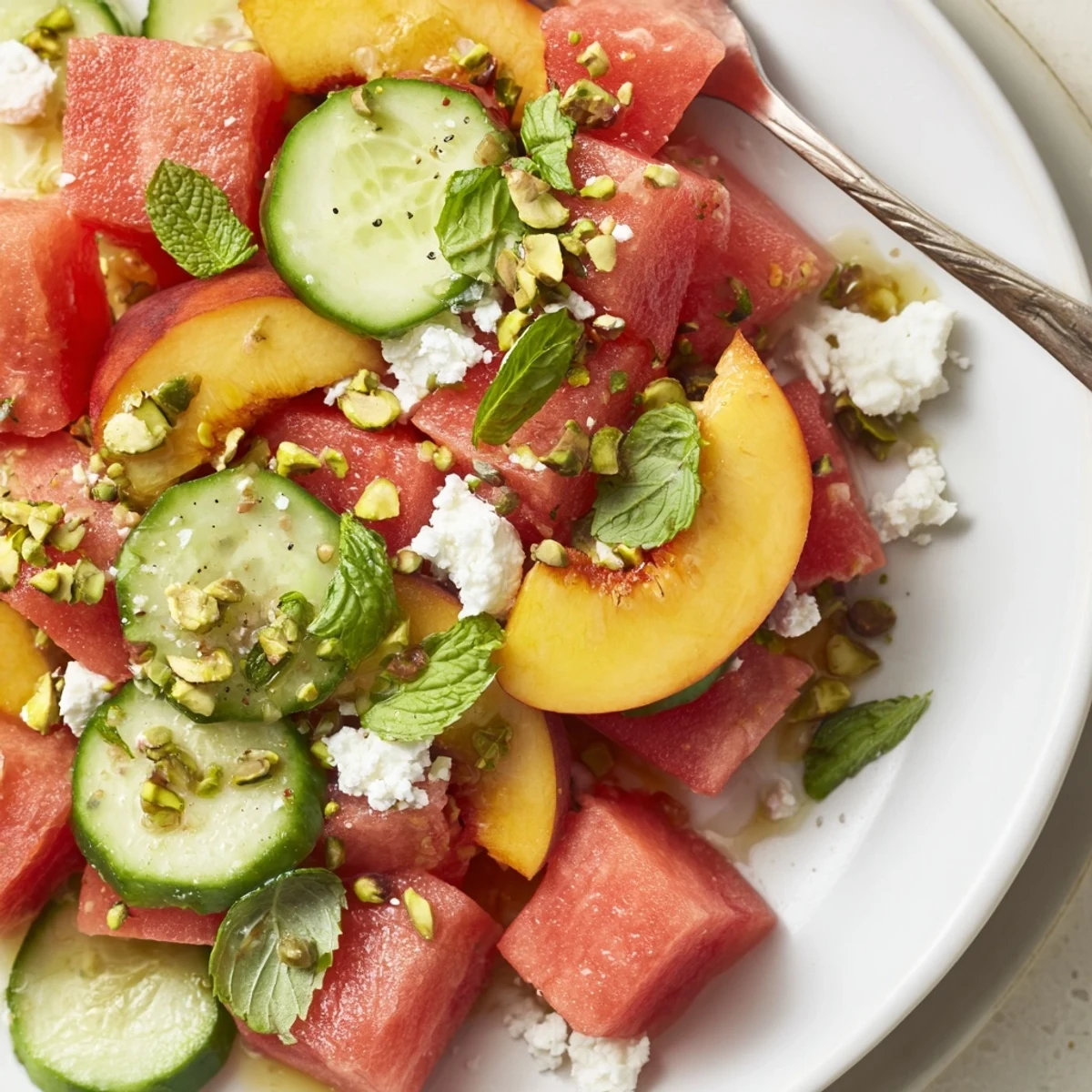 A bowl of Summer Peach Watermelon Salad glistening with honey-lime dressing