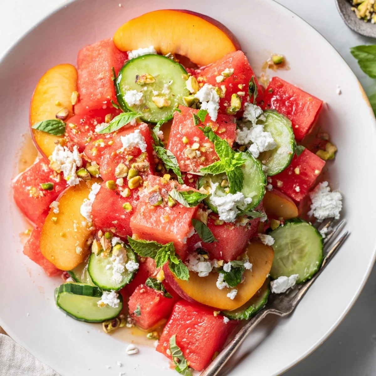 Summer Peach Watermelon Salad plated alongside toasted pistachios and cucumber ribbons
