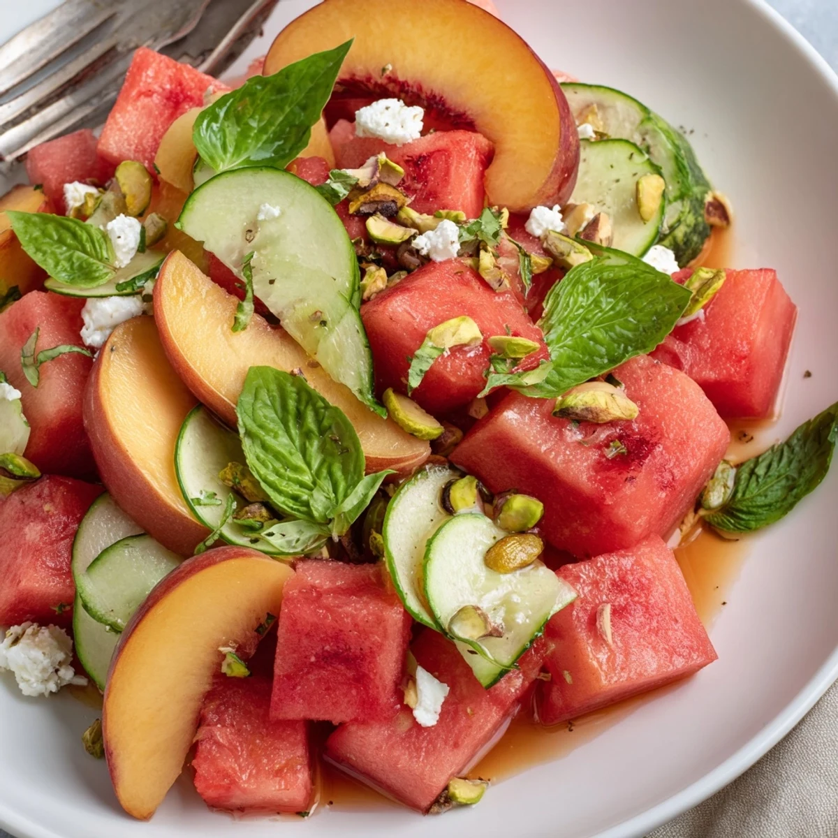 Chilled Summer Peach Watermelon Salad tossed with torn mint, crumbled feta
