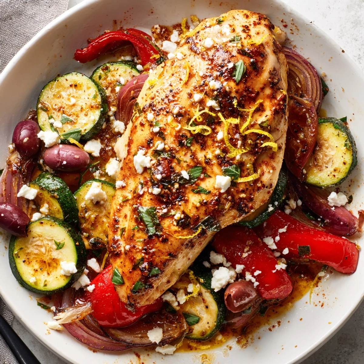 Sheet Pan Mediterranean Chicken Zucchini caramelized vegetables, lemony garlic aroma, feta crumbles