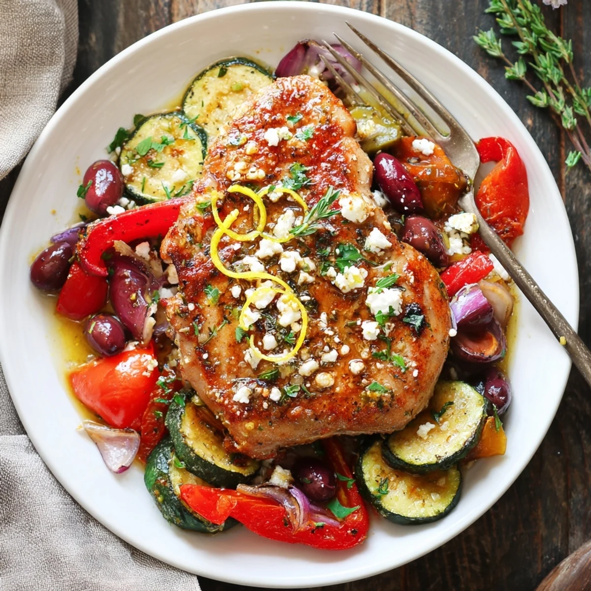 Serve Sheet Pan Mediterranean Chicken Zucchini hot with warm pita and feta