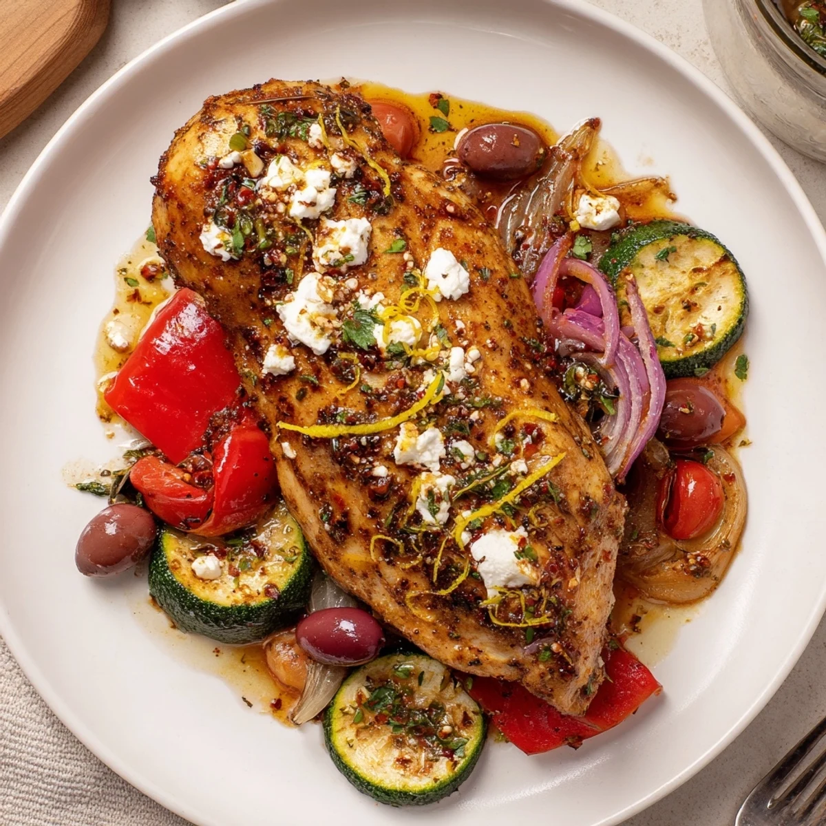 Sizzling oven tray shows Sheet Pan Mediterranean Chicken Zucchini with charred peppers