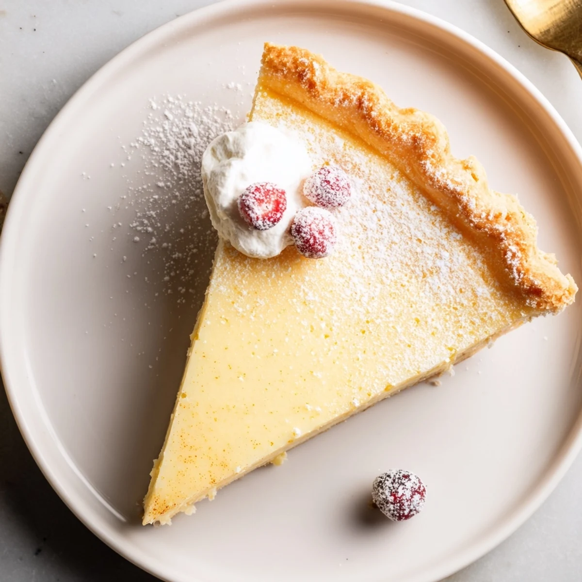 Creamy Christmas Eve Custard Pie With Cinnamon Vanilla dusted with powdered sugar