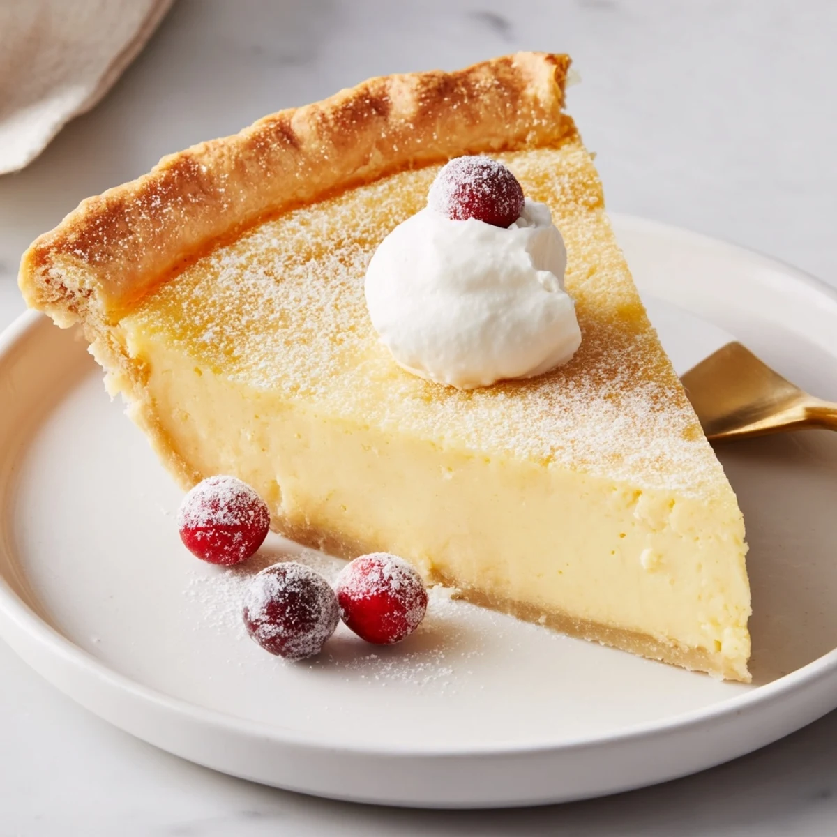 Sliced Christmas Eve Custard Pie With Cinnamon Vanilla, served with a dollop whipped cream