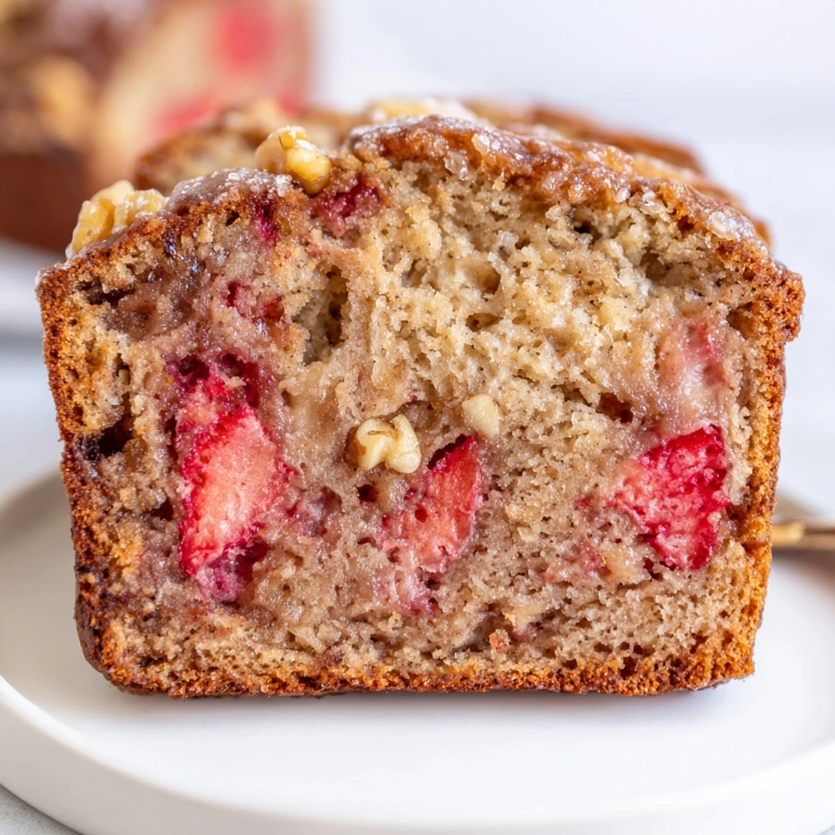 Sliced Strawberry Banana Bread Recipe on wire rack, steam rising, butter melting