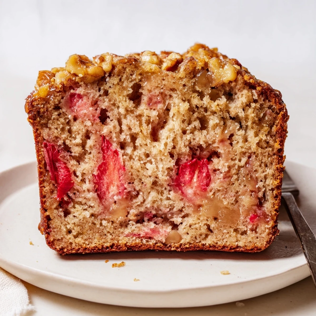 Fresh-baked Strawberry Banana Bread Recipe served warm with honey drizzle for breakfast