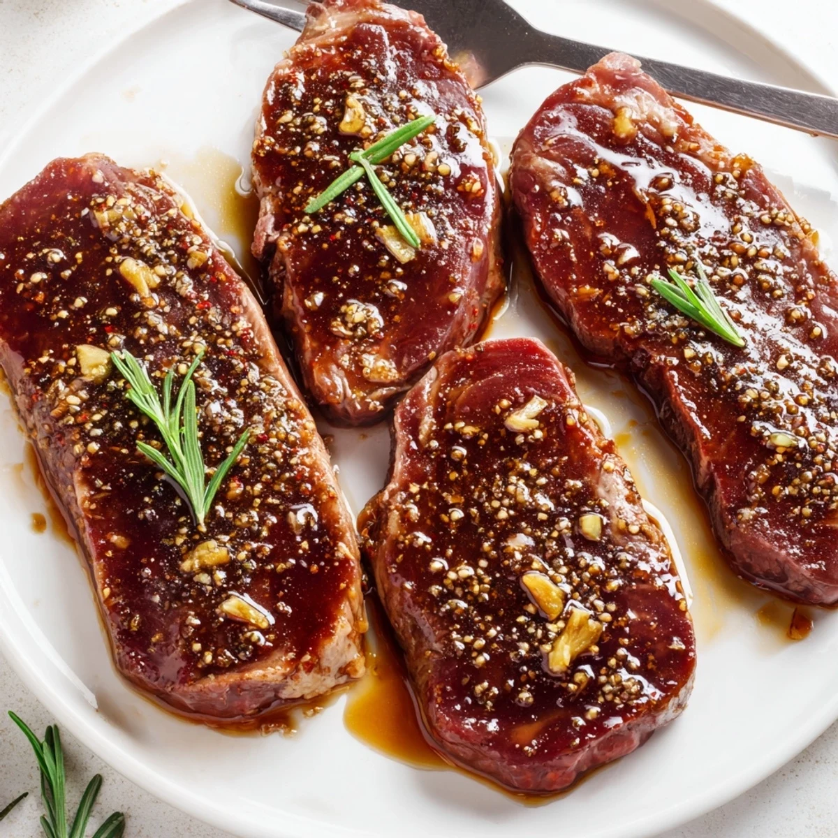 Steak Marinade glistening on raw ribeyes, garlic aroma promising charred grilling