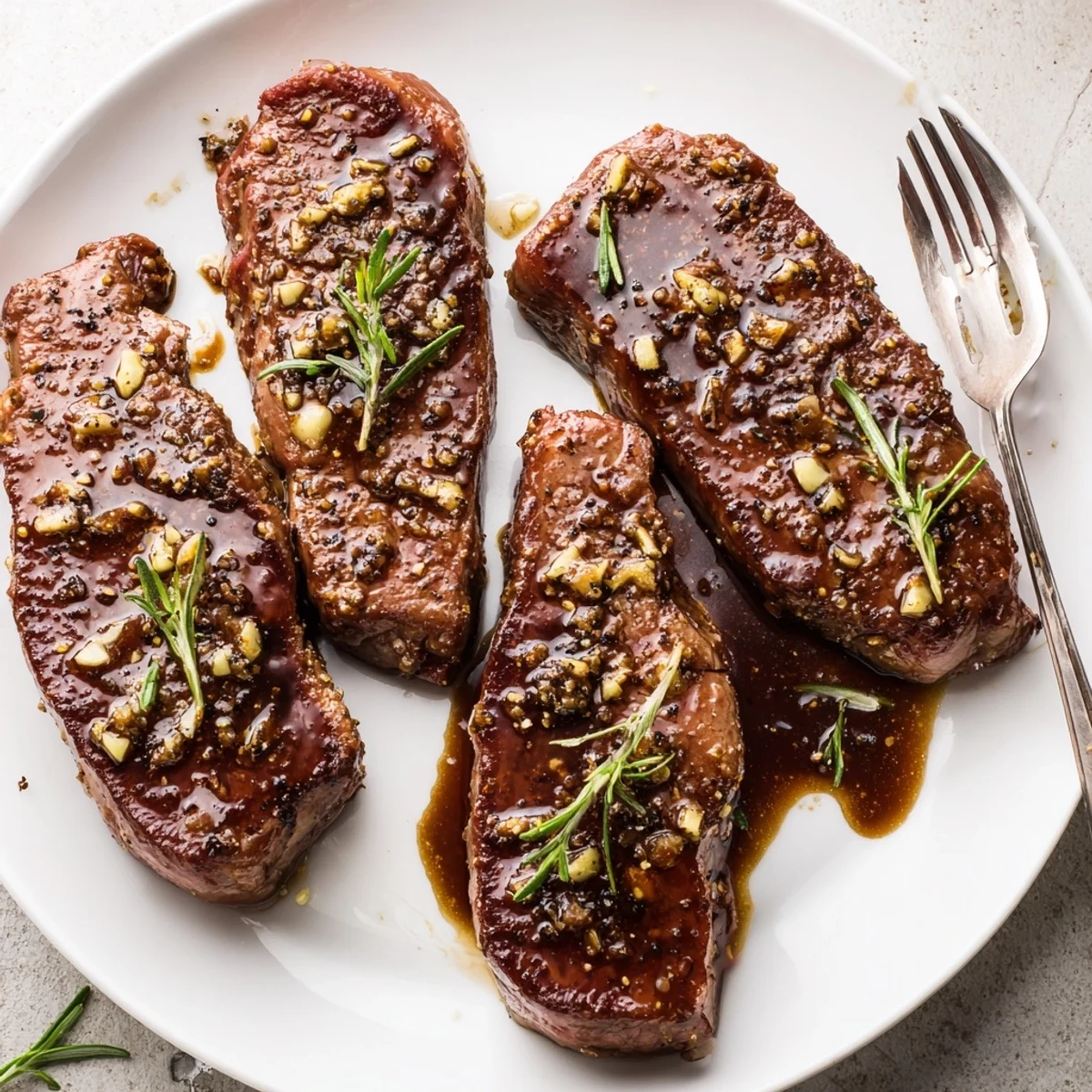 Carving board shows steaks after marination in Steak Marinade, rosemary scent