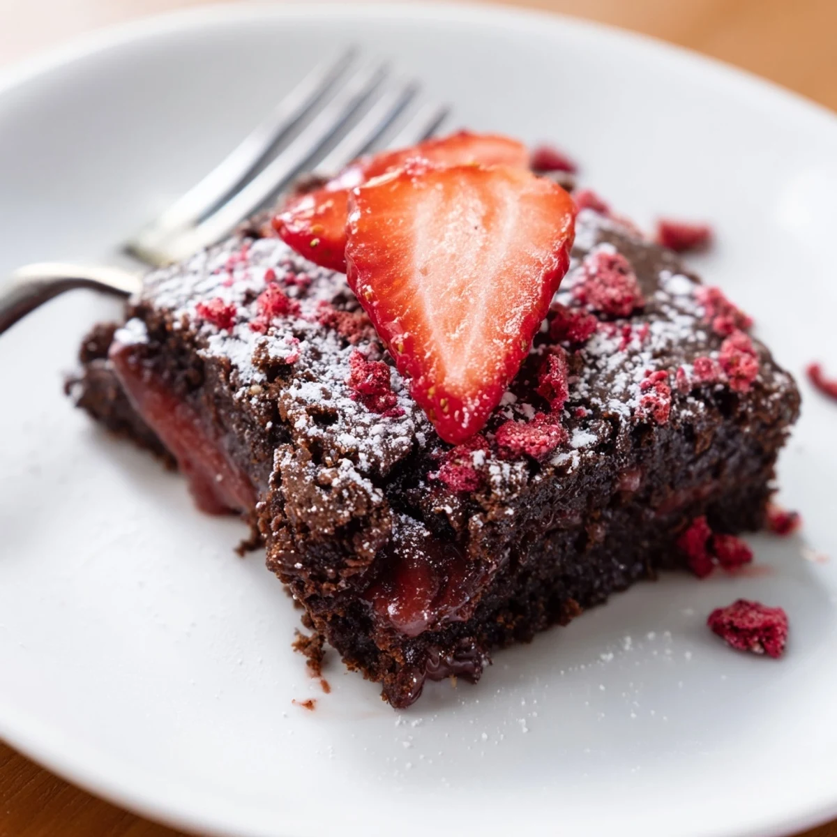 Strawberry Brownies Recipe: fudgy squares glazed with pink strawberry icing, served warm.