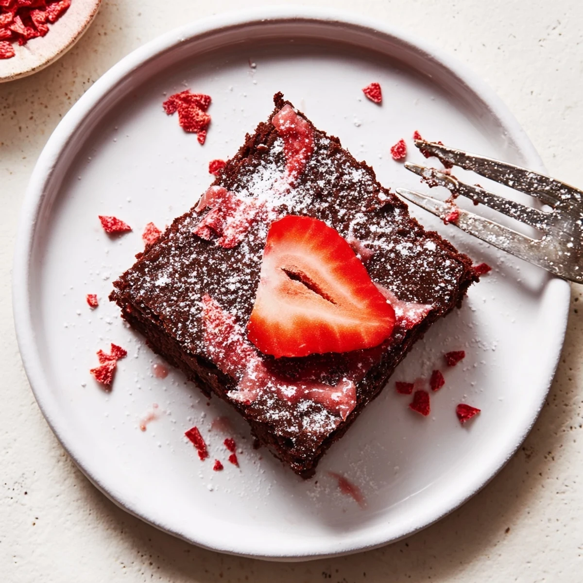 Homemade Strawberry Brownies Recipe stacked on plate, aroma of fresh berries.