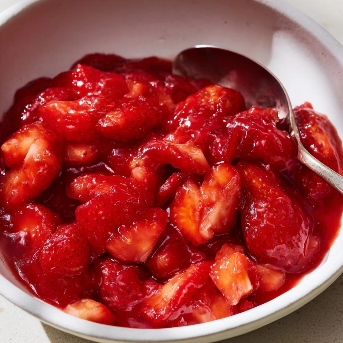 Strawberry Cake Filling Recipe showing glossy red filling cooling in saucepan