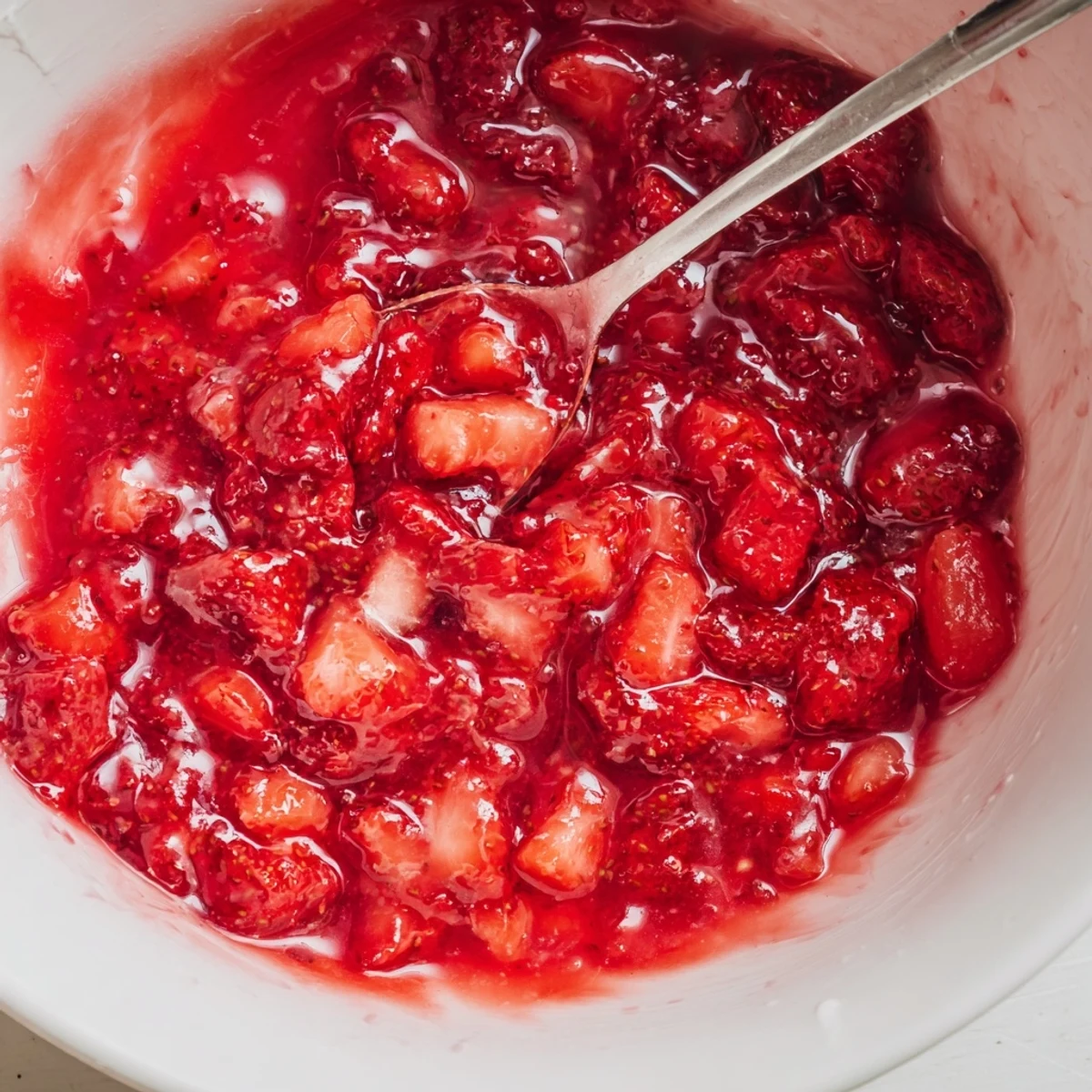 Close-up spoon drizzling warm Strawberry Cake Filling Recipe over freshly baked cupcakes