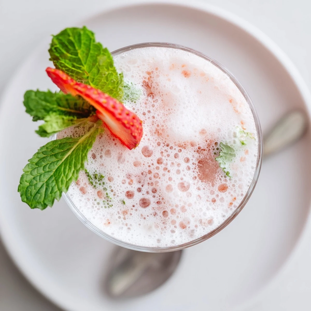Chilled Strawberry Coconut Cooler Recipe topped with mint and sliced berries, frothy.