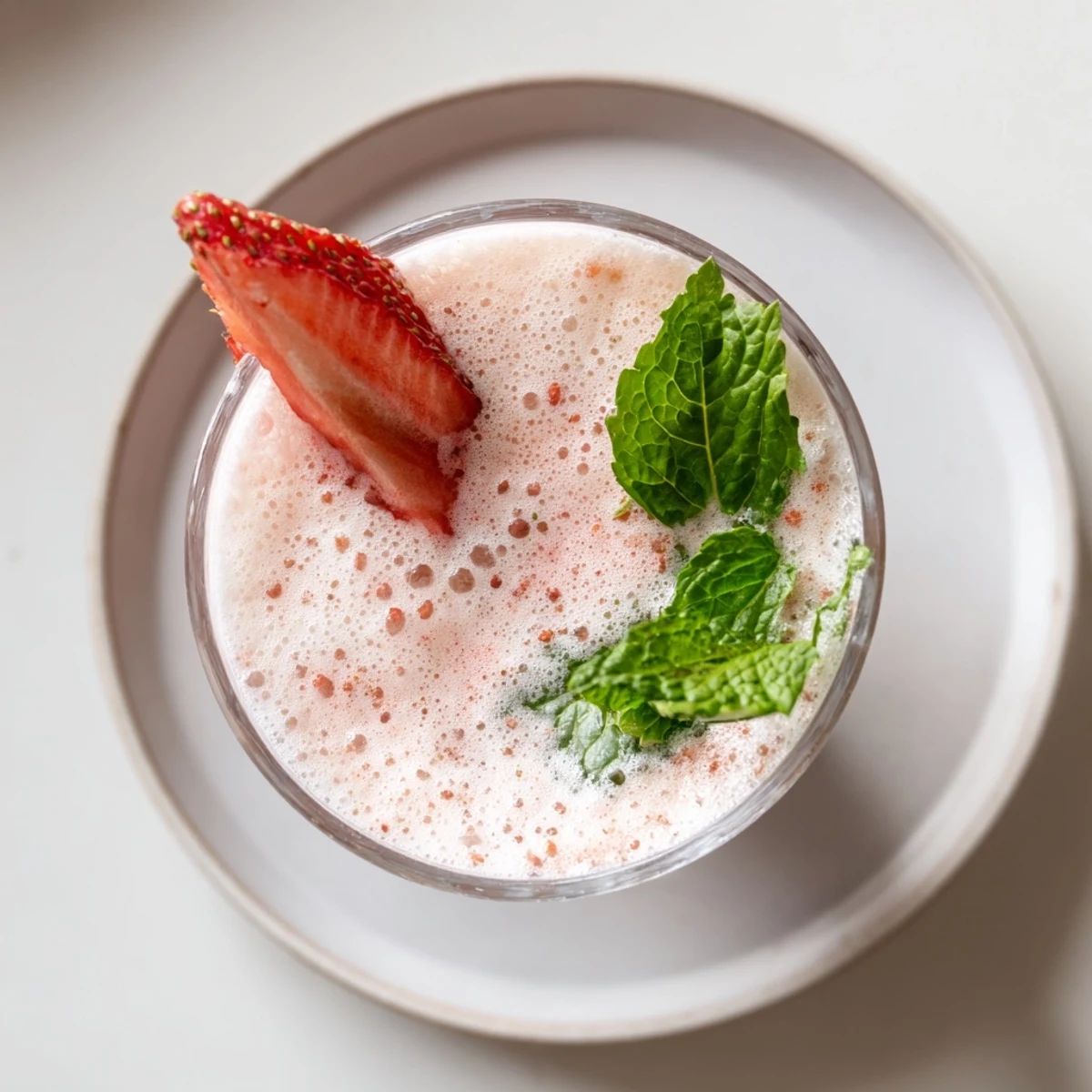 Bright Strawberry Coconut Cooler Recipe blended with coconut milk, served in chilled glass.