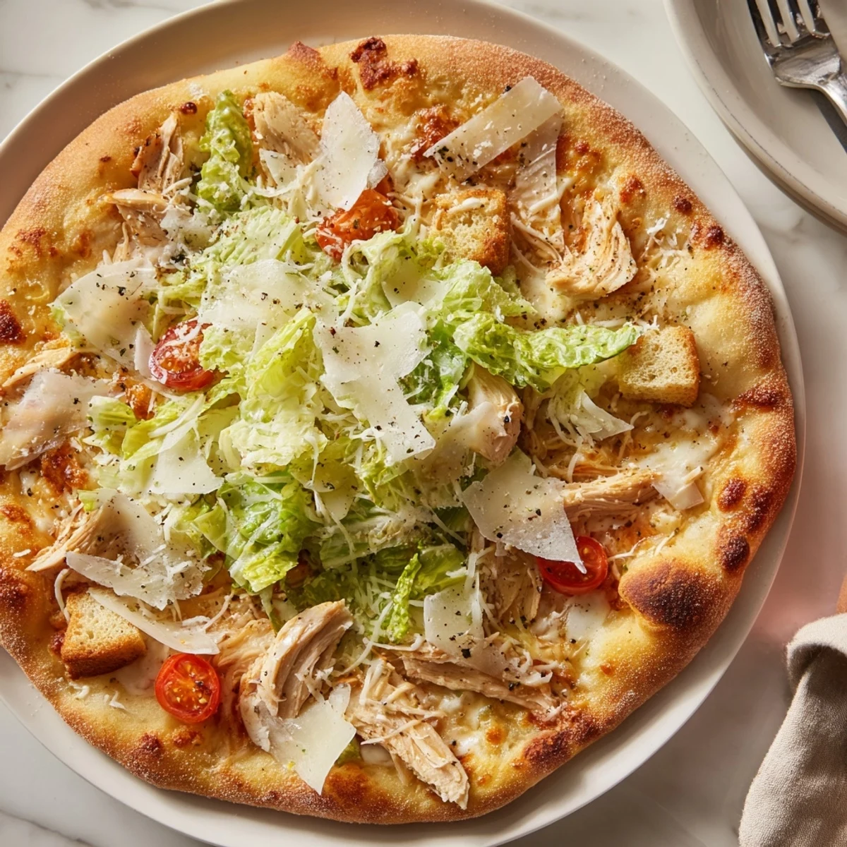 Oven-baked crust topped with warm Chicken Caesar Salad Pizza Recipe, crunchy romaine