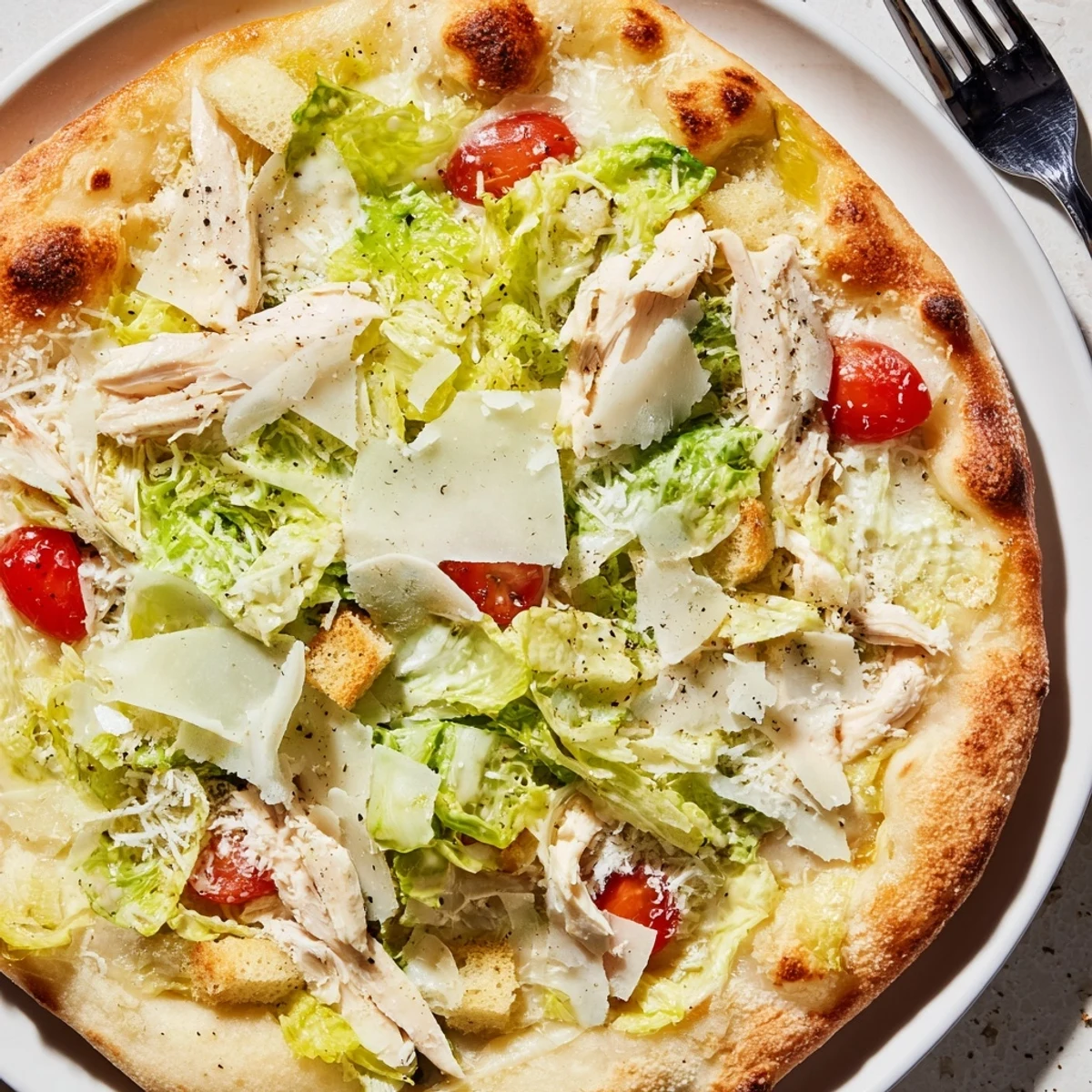 Sliced and ready to serve Chicken Caesar Salad Pizza Recipe with zesty dressing drizzle