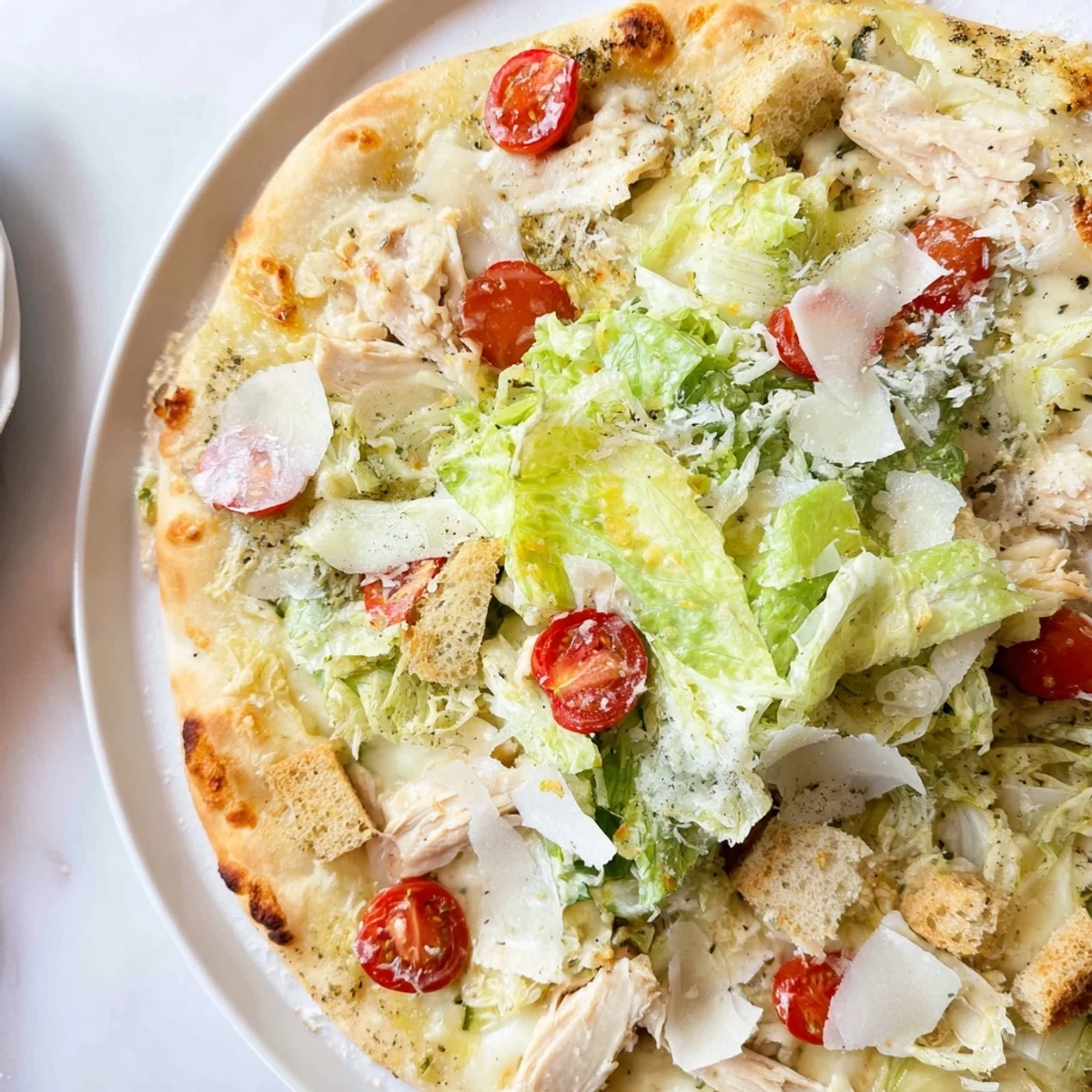 Crispy golden crust, juicy chicken, and tossed romaine atop Chicken Caesar Salad Pizza Recipe