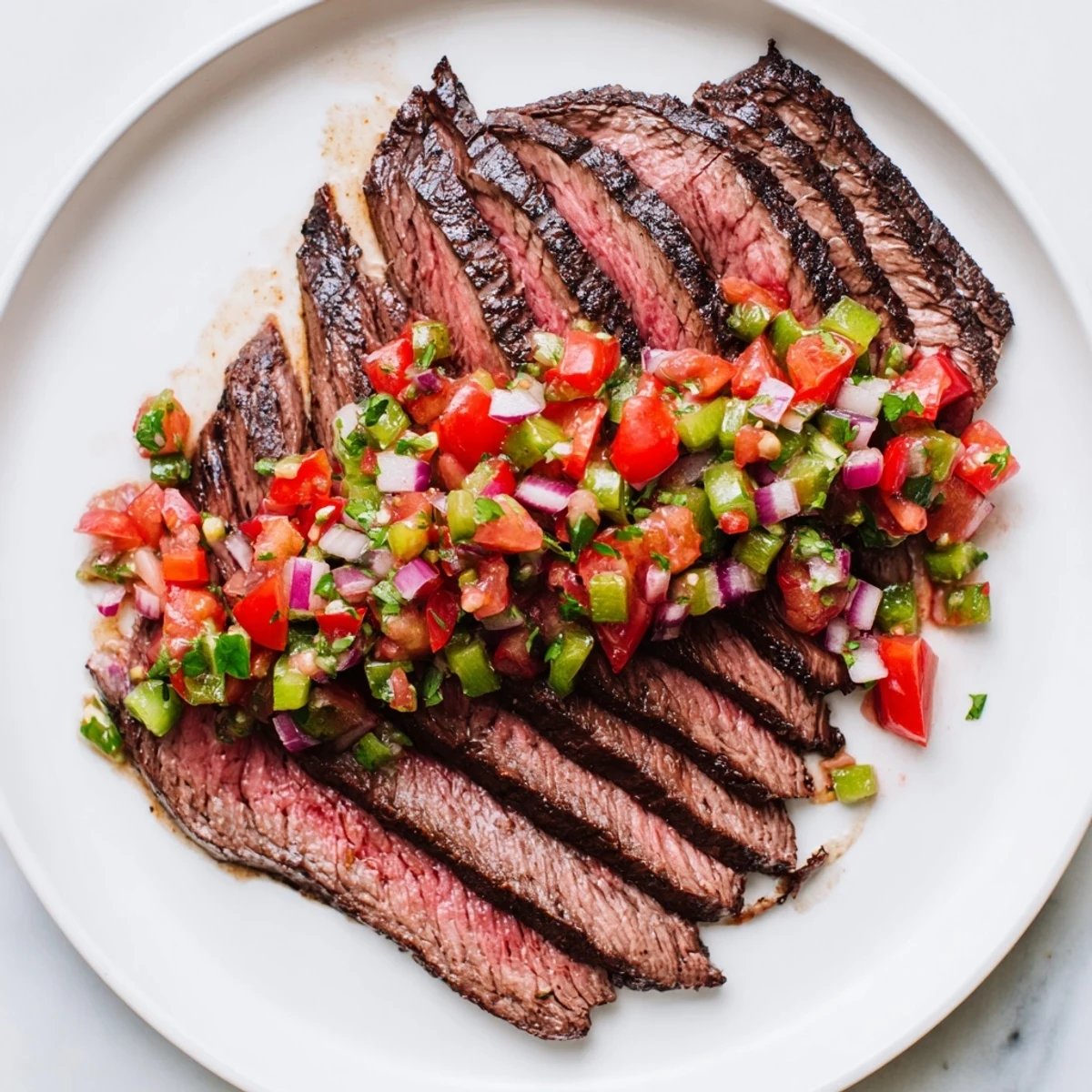 Grilled Flank Steak With Poblano Pico Recipe plated with warm tortillas and lime